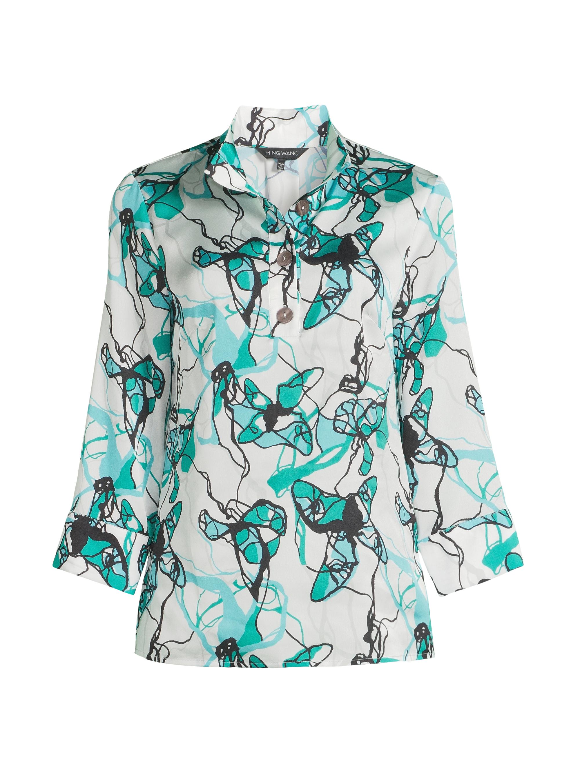 Ming Wang Women's Printed Crêpe de Chine Blouse - Emerald Awelunar Rock Calypso