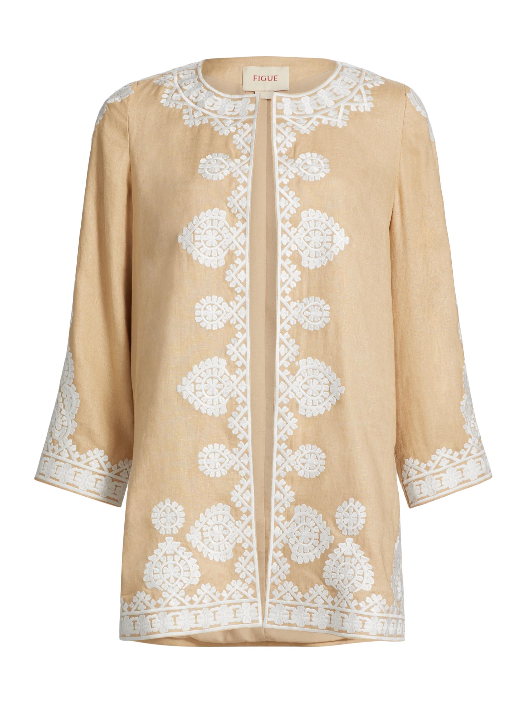 Figue Women's Wren Embroidered Linen Open-Front Jacket - Beige Multi