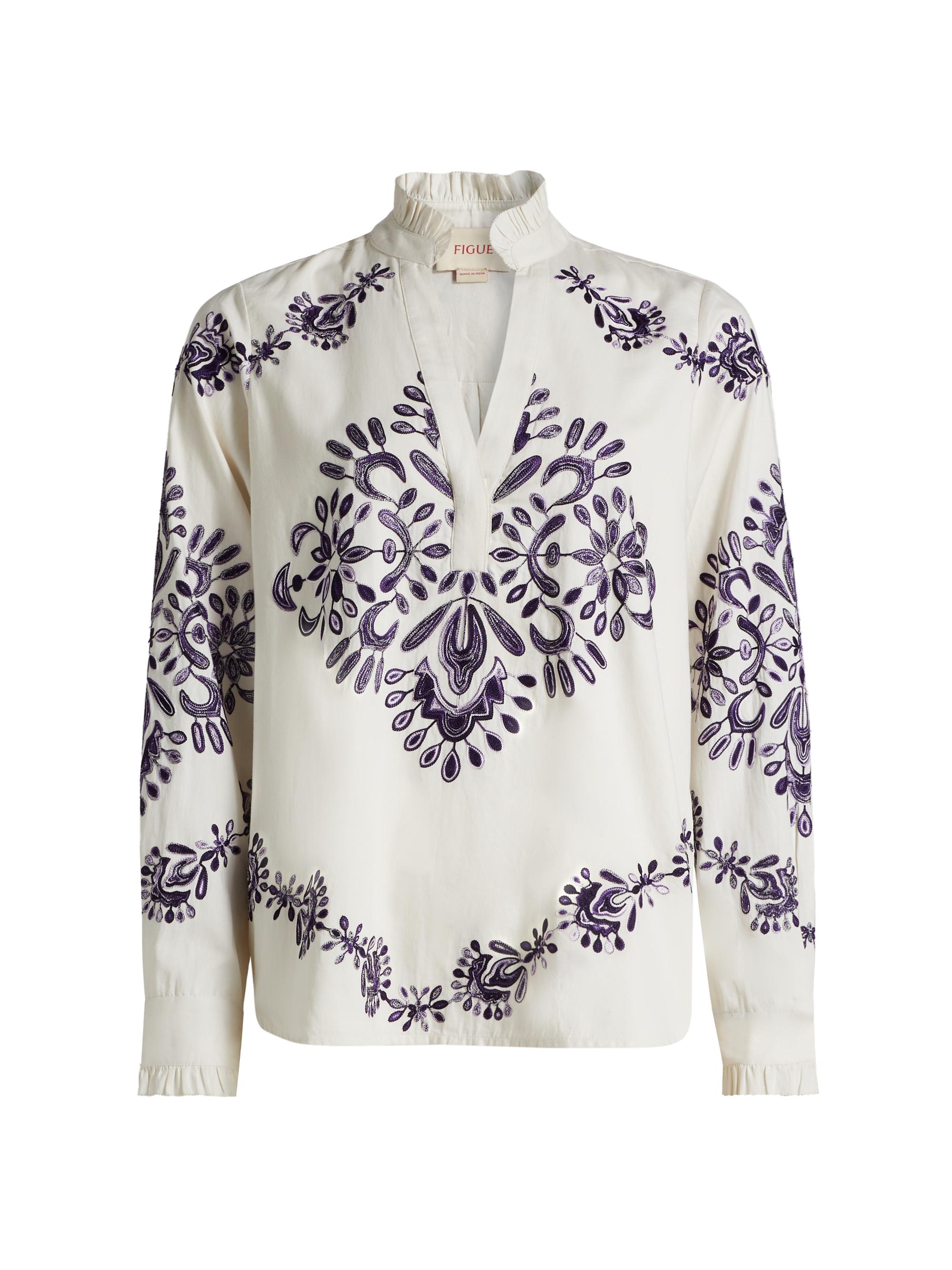 Figue Women's Celestina Embroidered Cotton V-Neck Blouse - Chalk