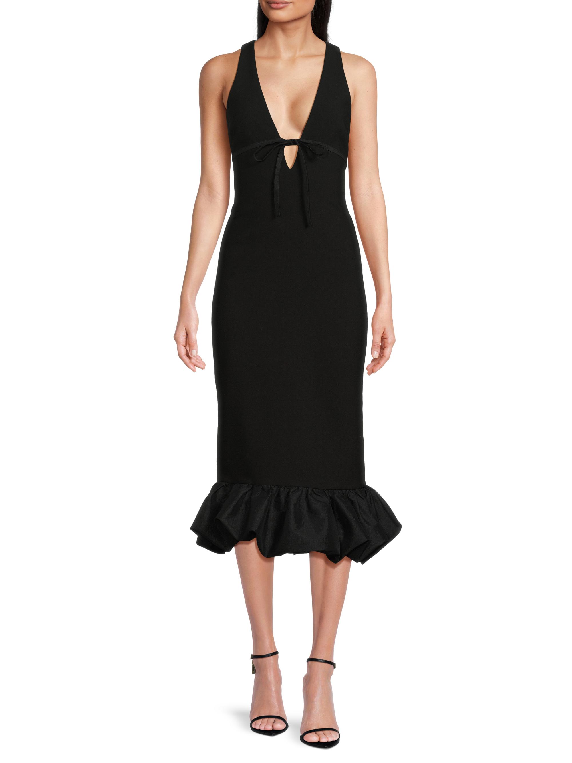 knee length dresses for ladies Heidi Black Plunge Neck Asymmetrical Midi Dress