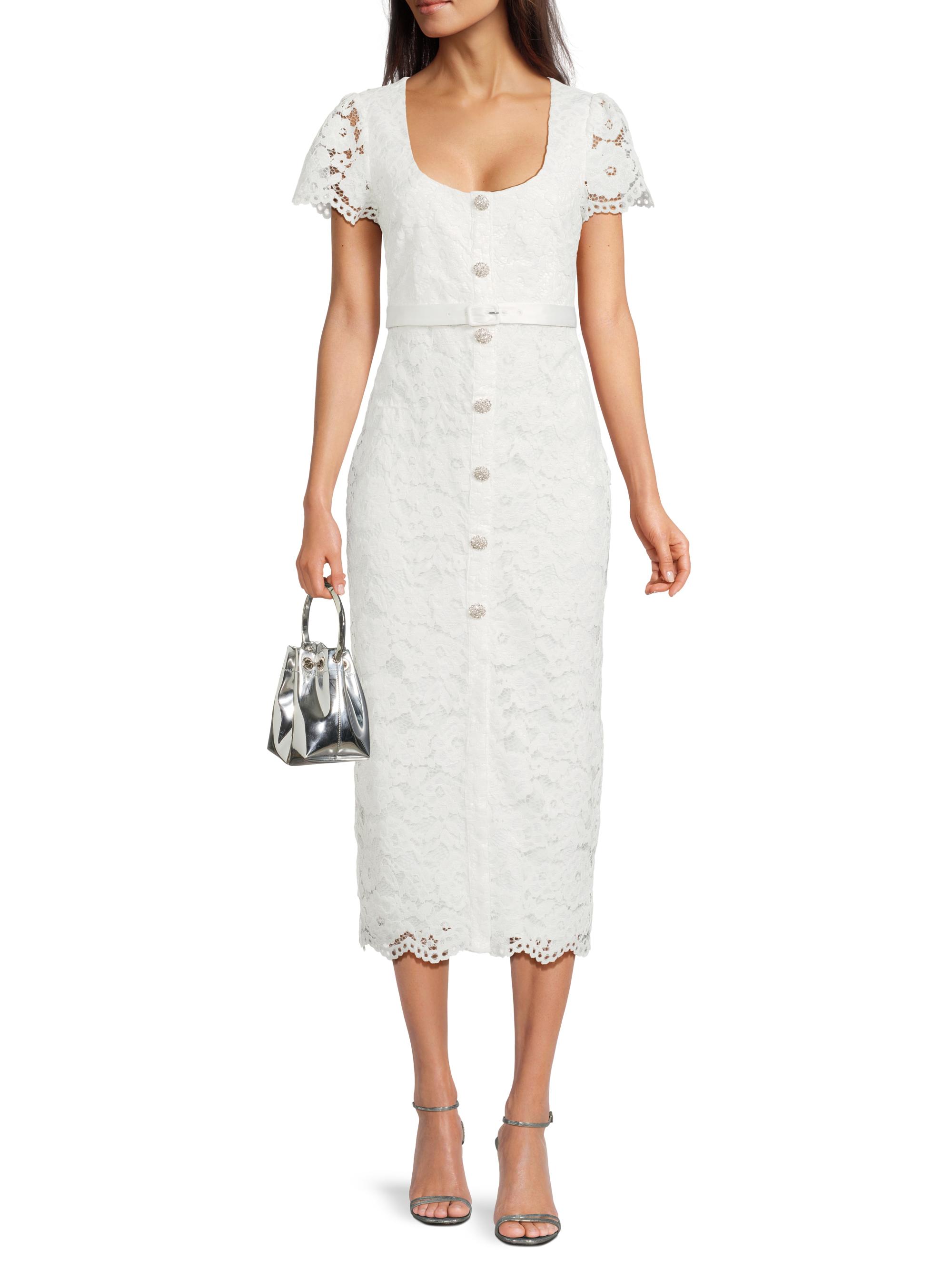 knee length dresses for ladies White Lace Midi Dress French Style Elegant Wedding Bridal Guest Dress White / M / US 6-8 main image 0