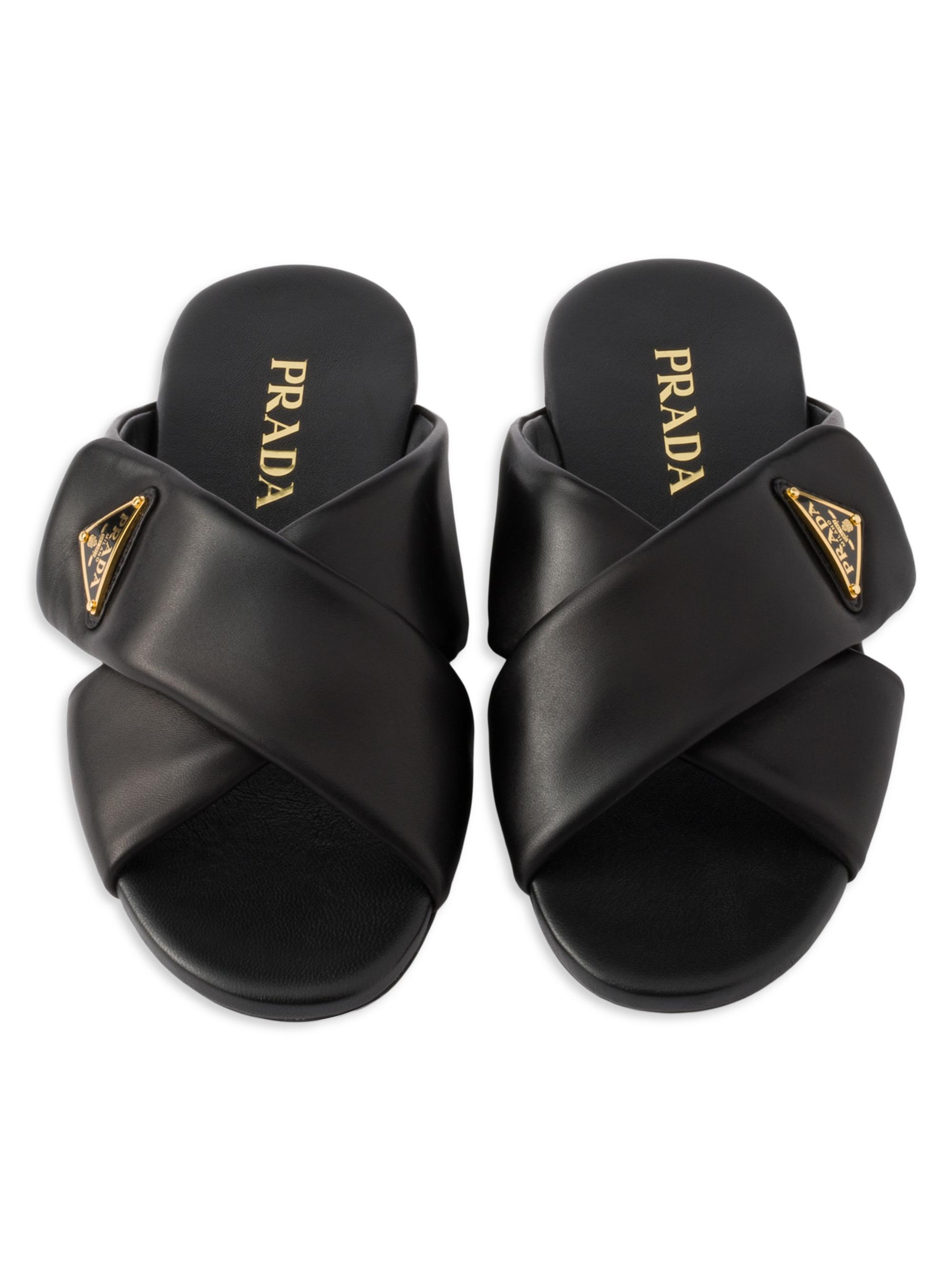 Prada Women's Padded Nappa Leather Slides - White - back view in White