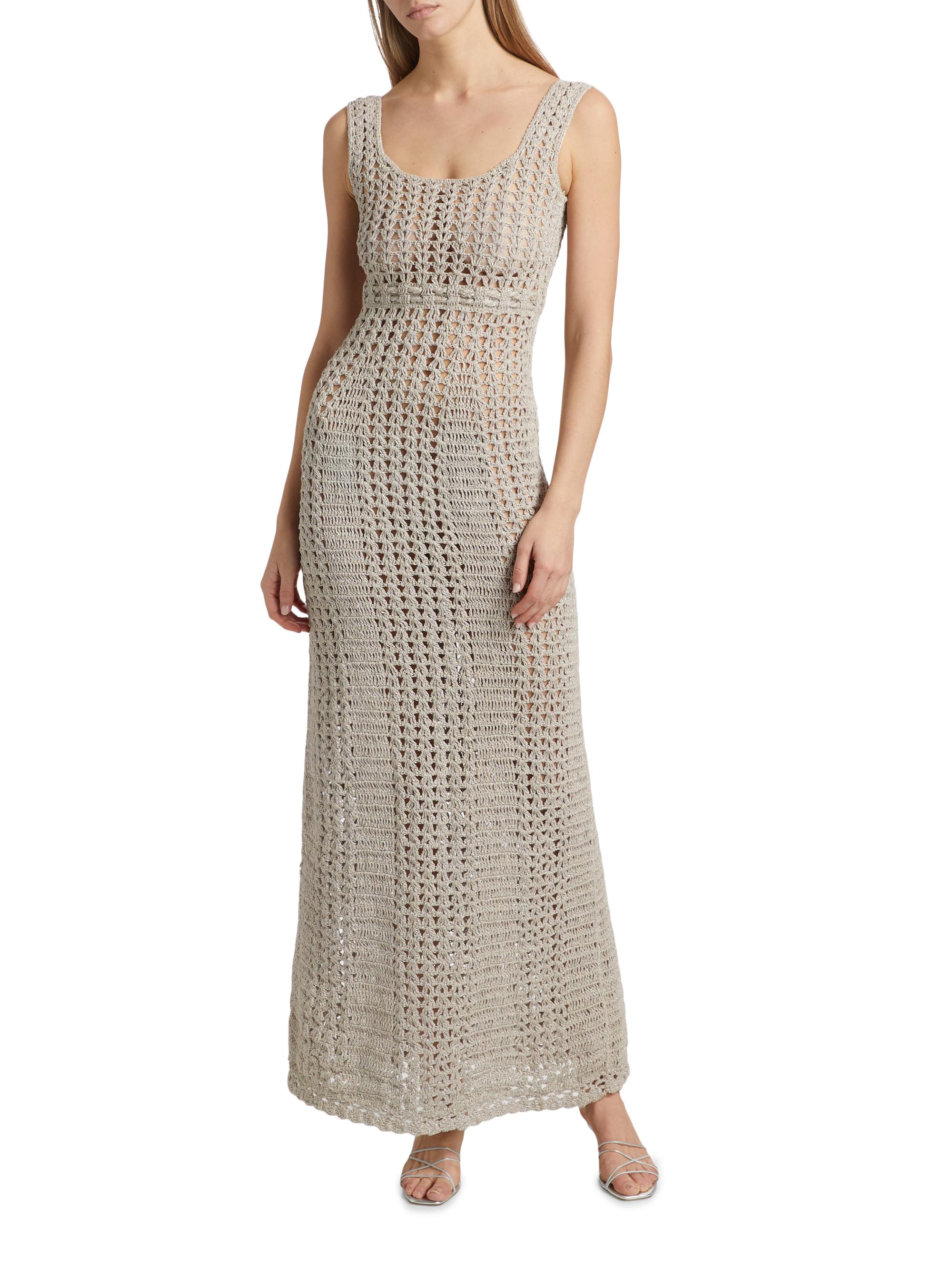 Midi Dresses Michael Kors Crochet Dress Hand Crochet Square Neck Tank Dress  L Silver