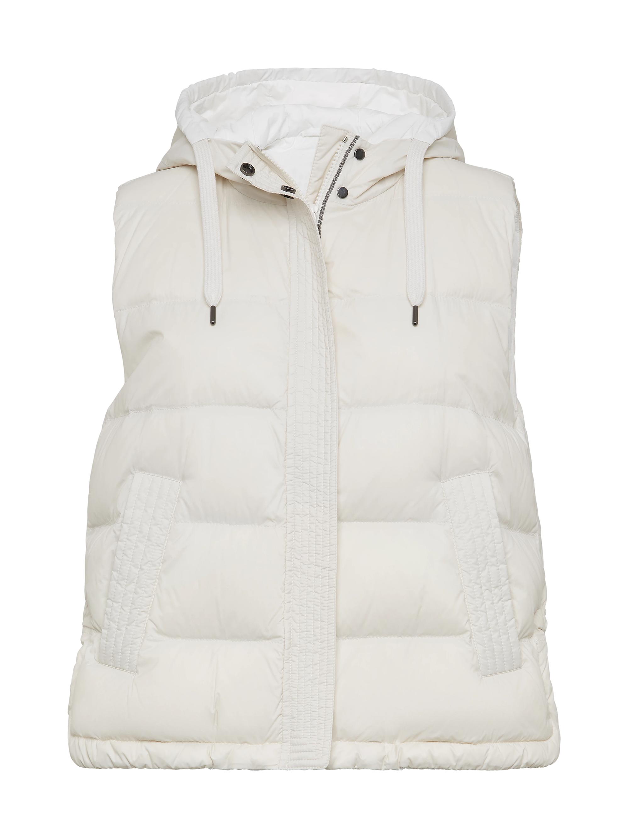 Brunello Cucinelli Women's Lightweight Matte Nylon Down Vest with Hood and Shiny Trim - Vanilla