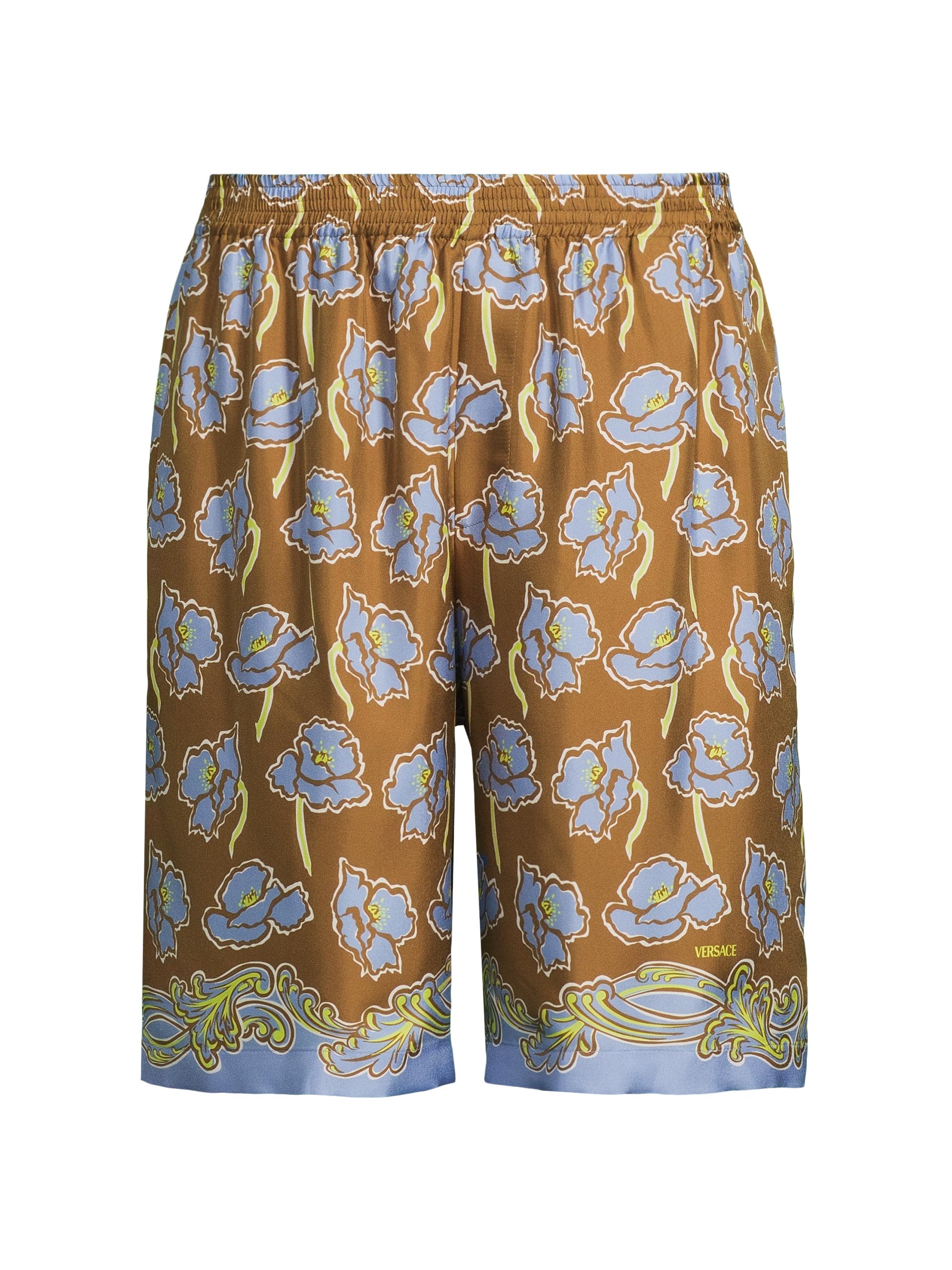 Versace Men's Barocco Poppies Print Silk Shorts - Tobacco Powder Blue