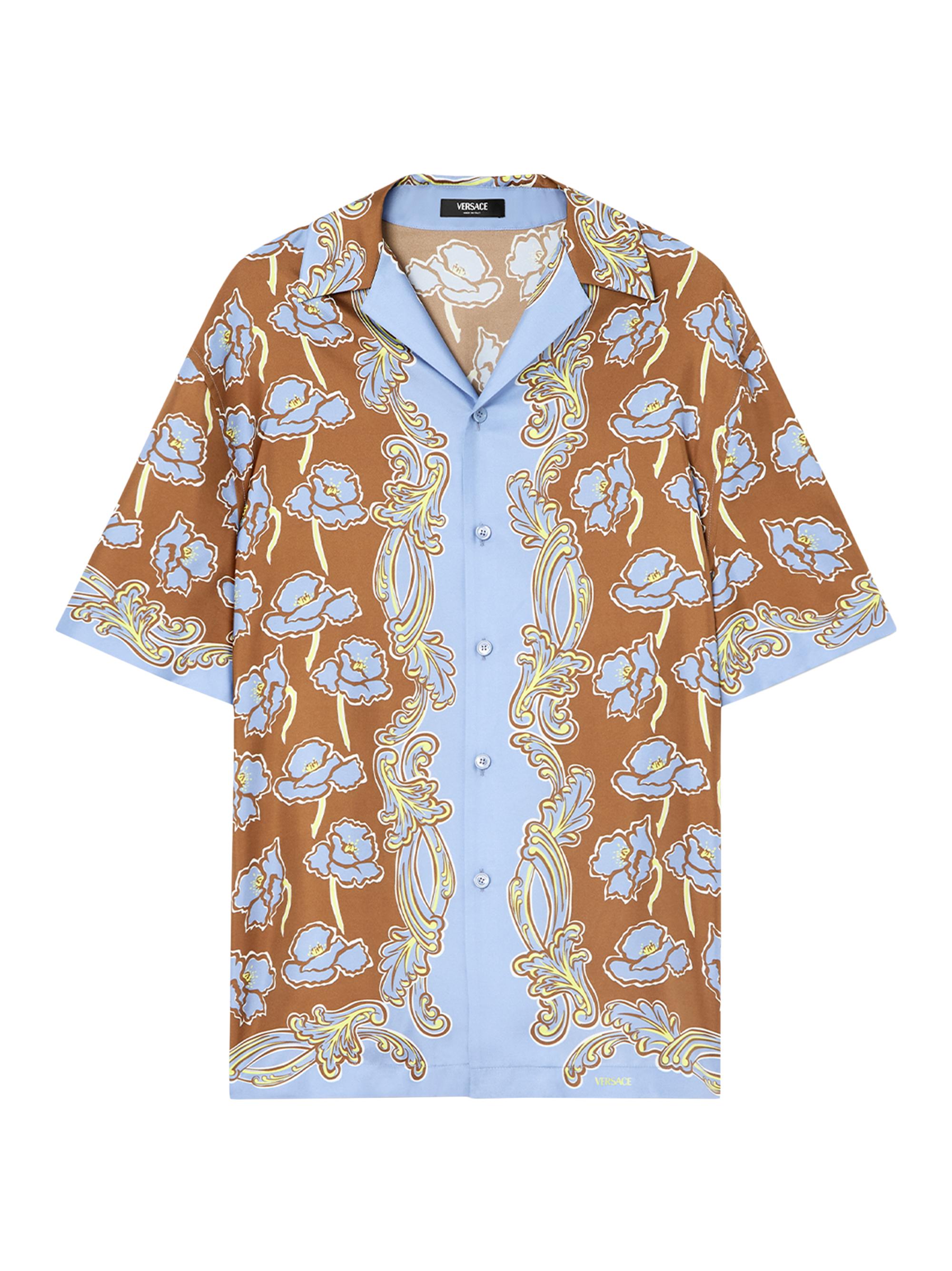 Versace Men's Barocco Poppies Silk Shirt - Tobacco Powder Blue