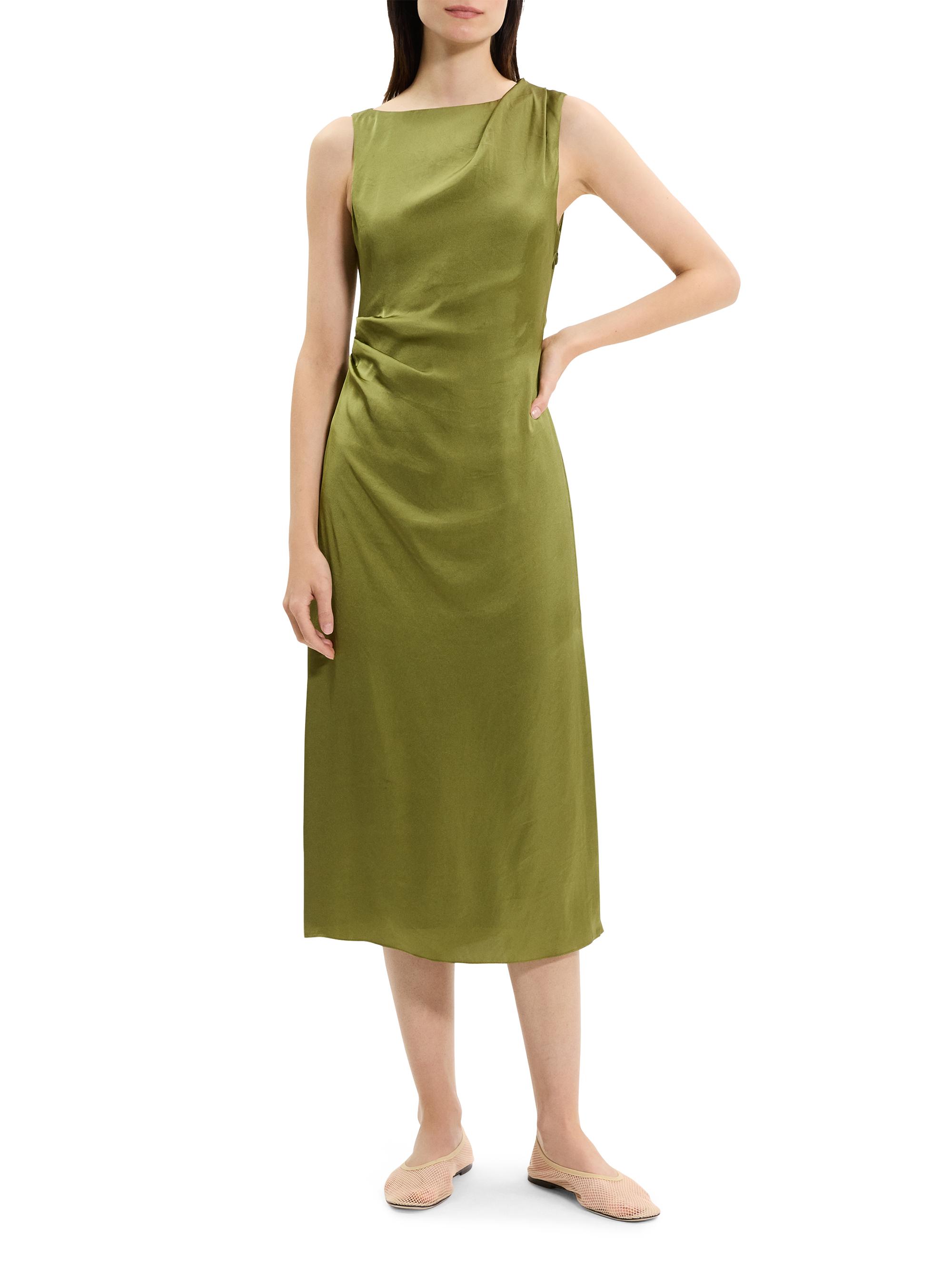Theory Crushed Satin Shoulder Drape Midi-Dress | Saks Fifth Avenue