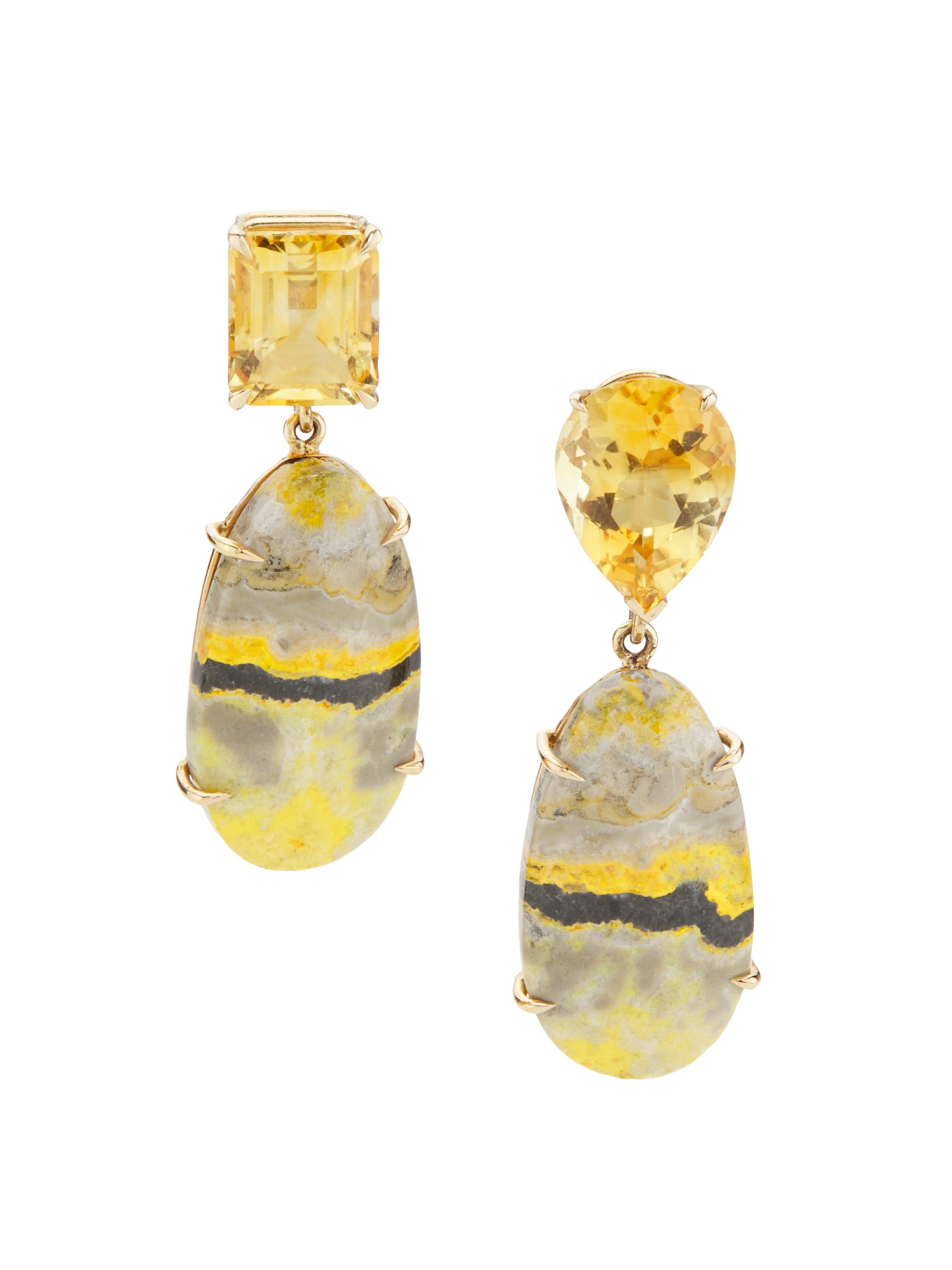 Jia Jia Women's Treasure Bumblebee 14K Yellow Gold, Citrine & Jasper Mismatched Drop Earrings - Citrine