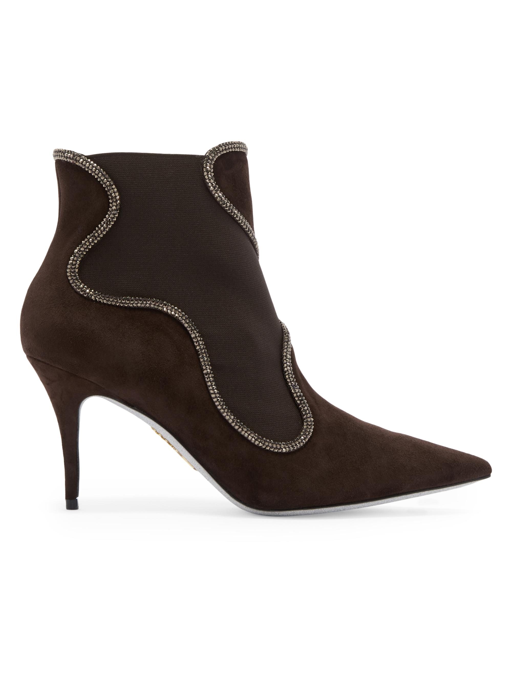 Rene Caovilla Women's Crystal Decorated 80MM Booties - Dark Brown Suede Silver