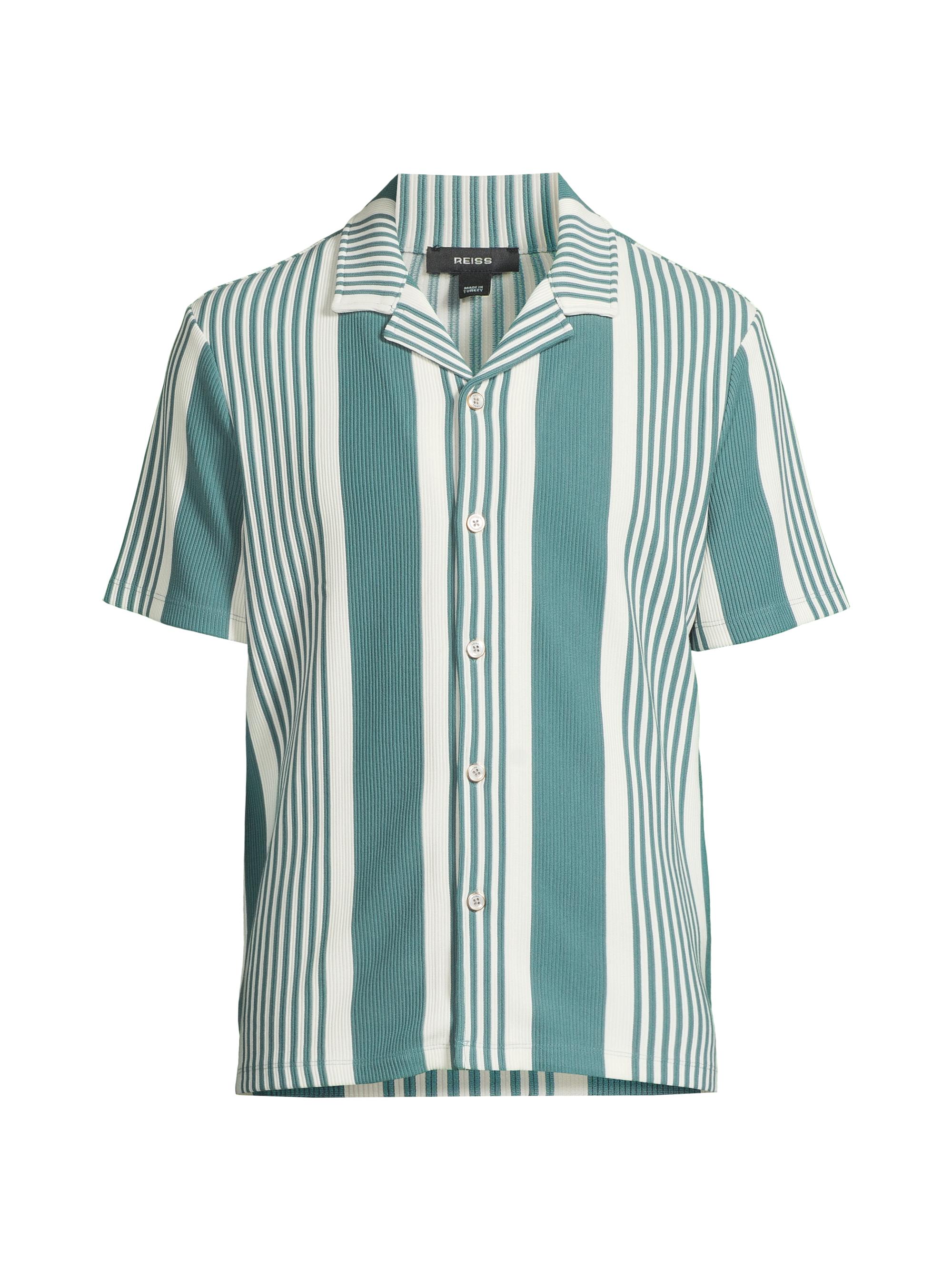 Reiss Men's Alcazar Striped Rib-Knit Camp Shirt - Sage White