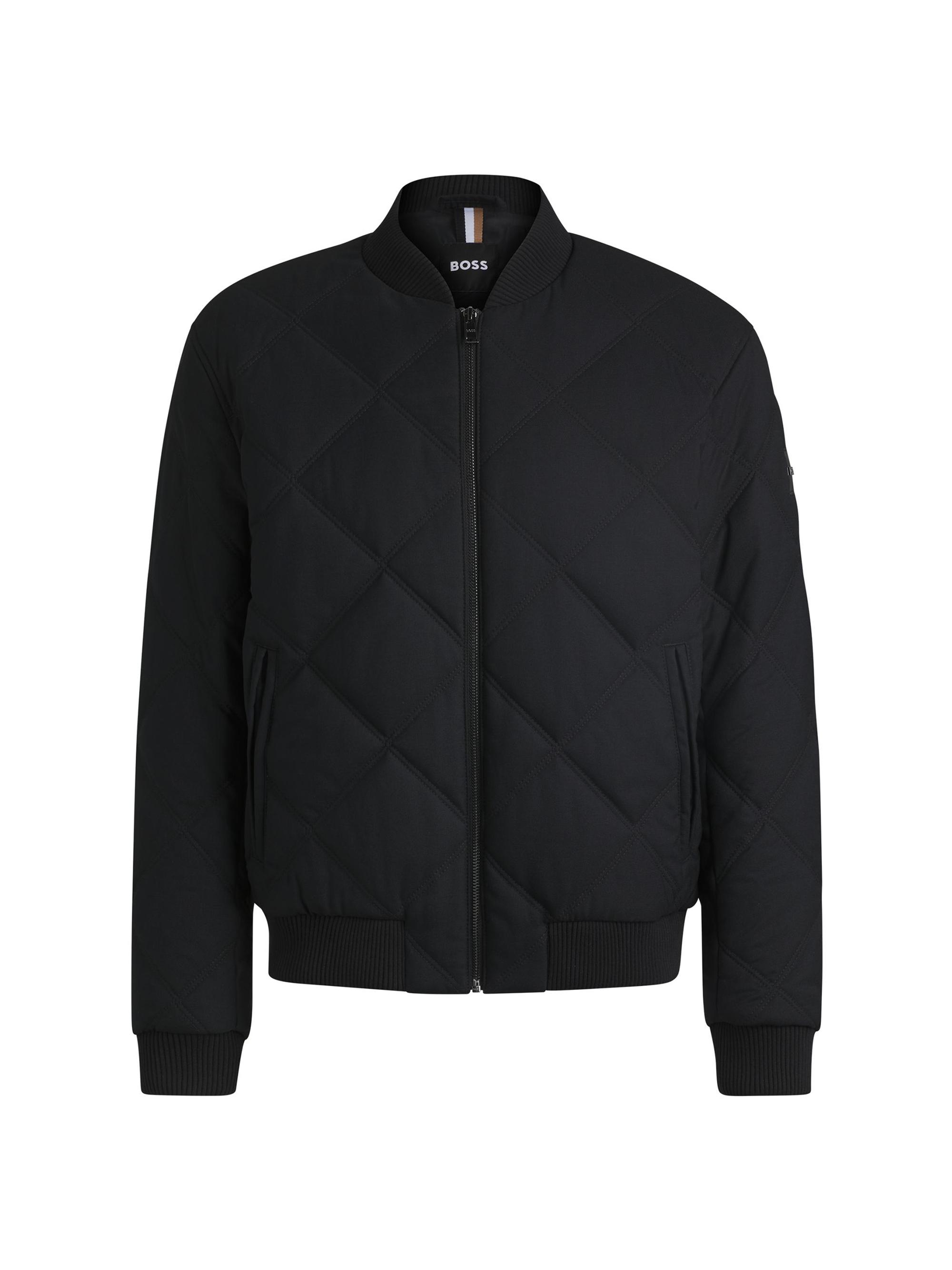 BOSS Men's Regular-Fit Jacket with Diamond Quilting and Cotton Ribbing - Black