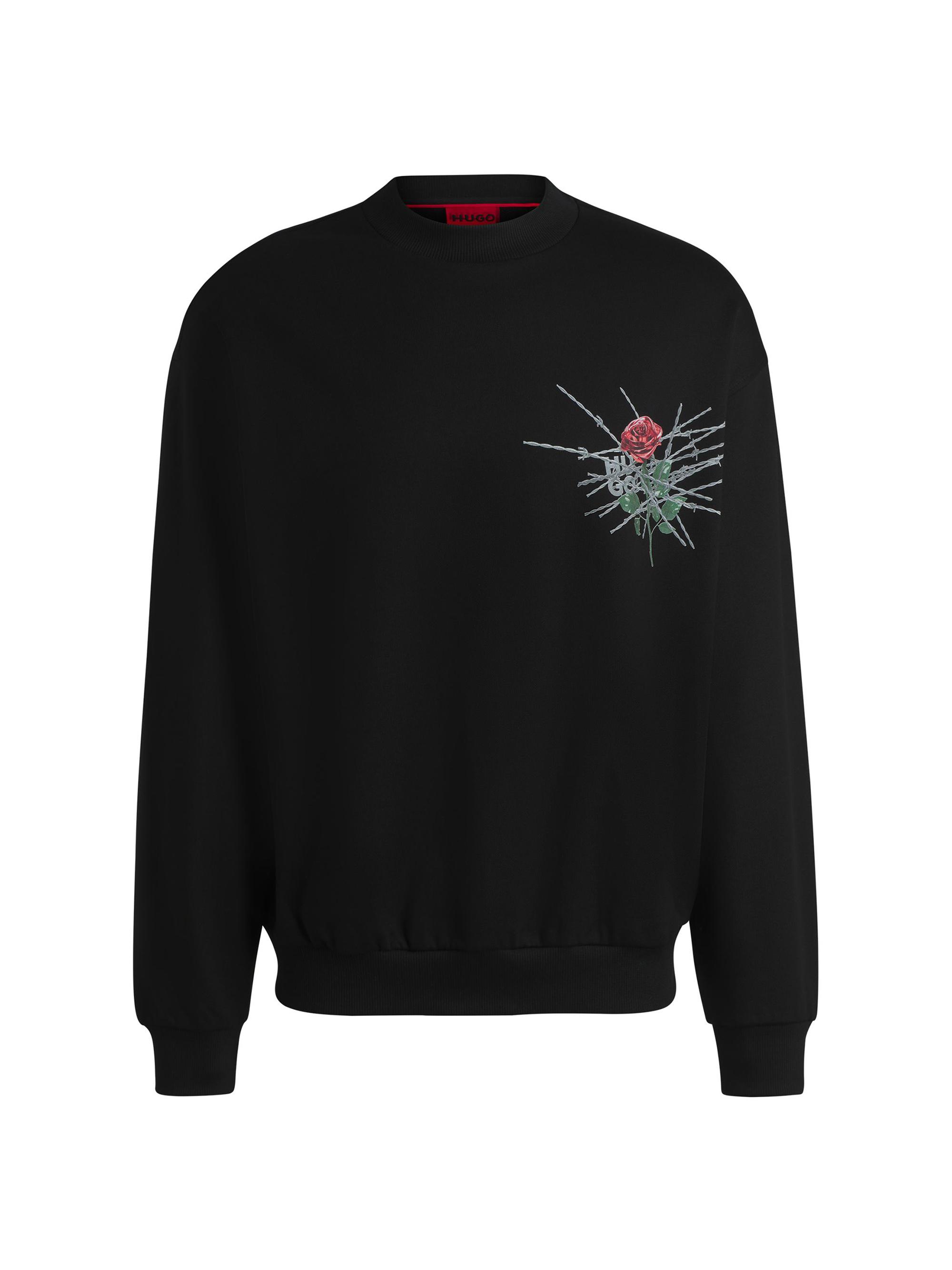 HUGO Men's Cotton-Terry Relaxed-Fit Sweatshirt with Seasonal Prints - Black