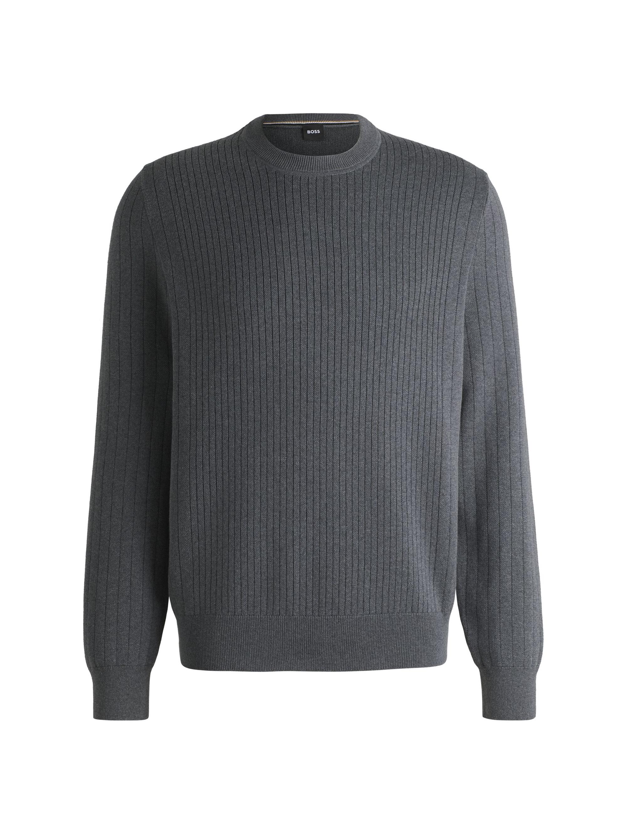 BOSS Men's Cotton Sweater with Knitted Vertical Stripes in Regular Fit - Grey