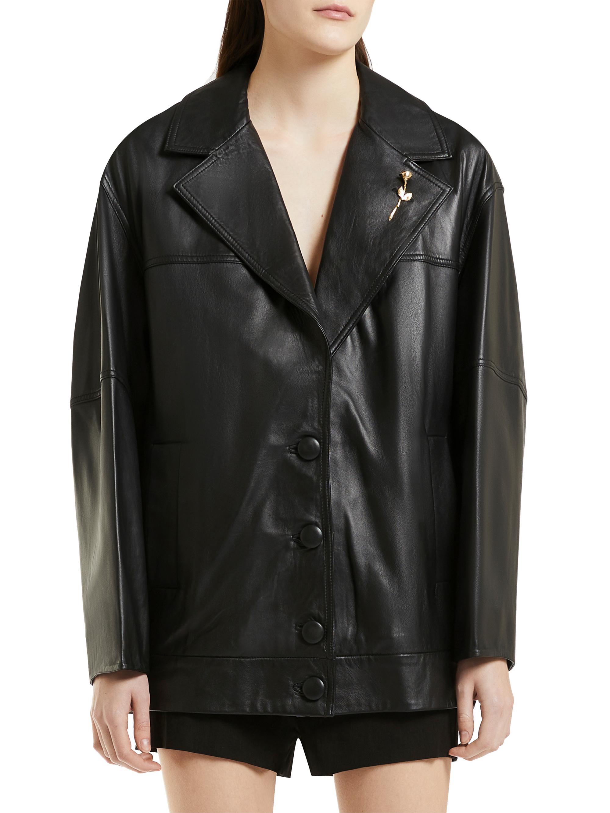 Marella Women's Emrata x  Leather Oversized Bomber Jacket - Black