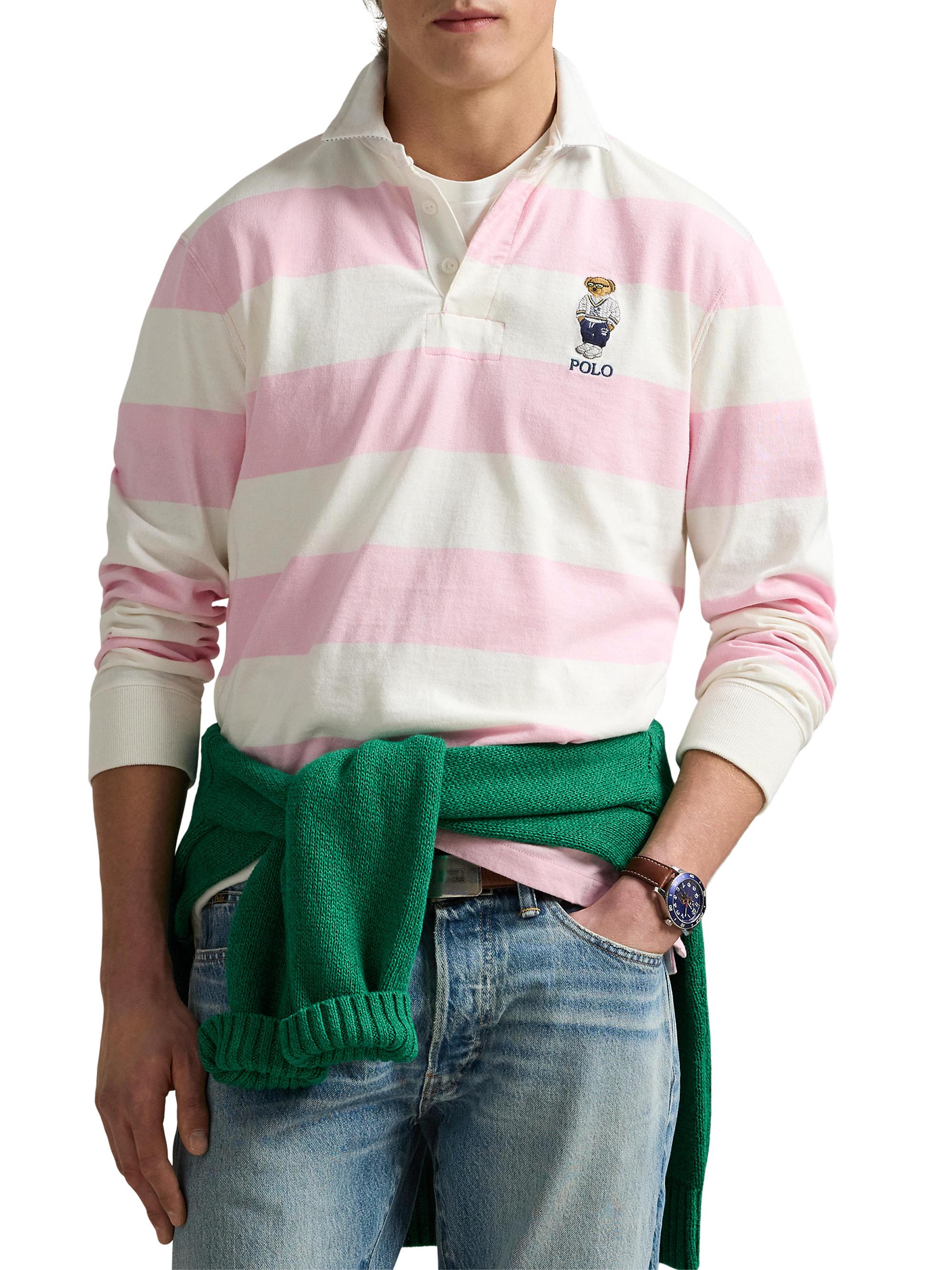 Polo Ralph Lauren Men's Classic Fit Polo Bear Jersey Rugby Shirt - Pink White Heritage Bear