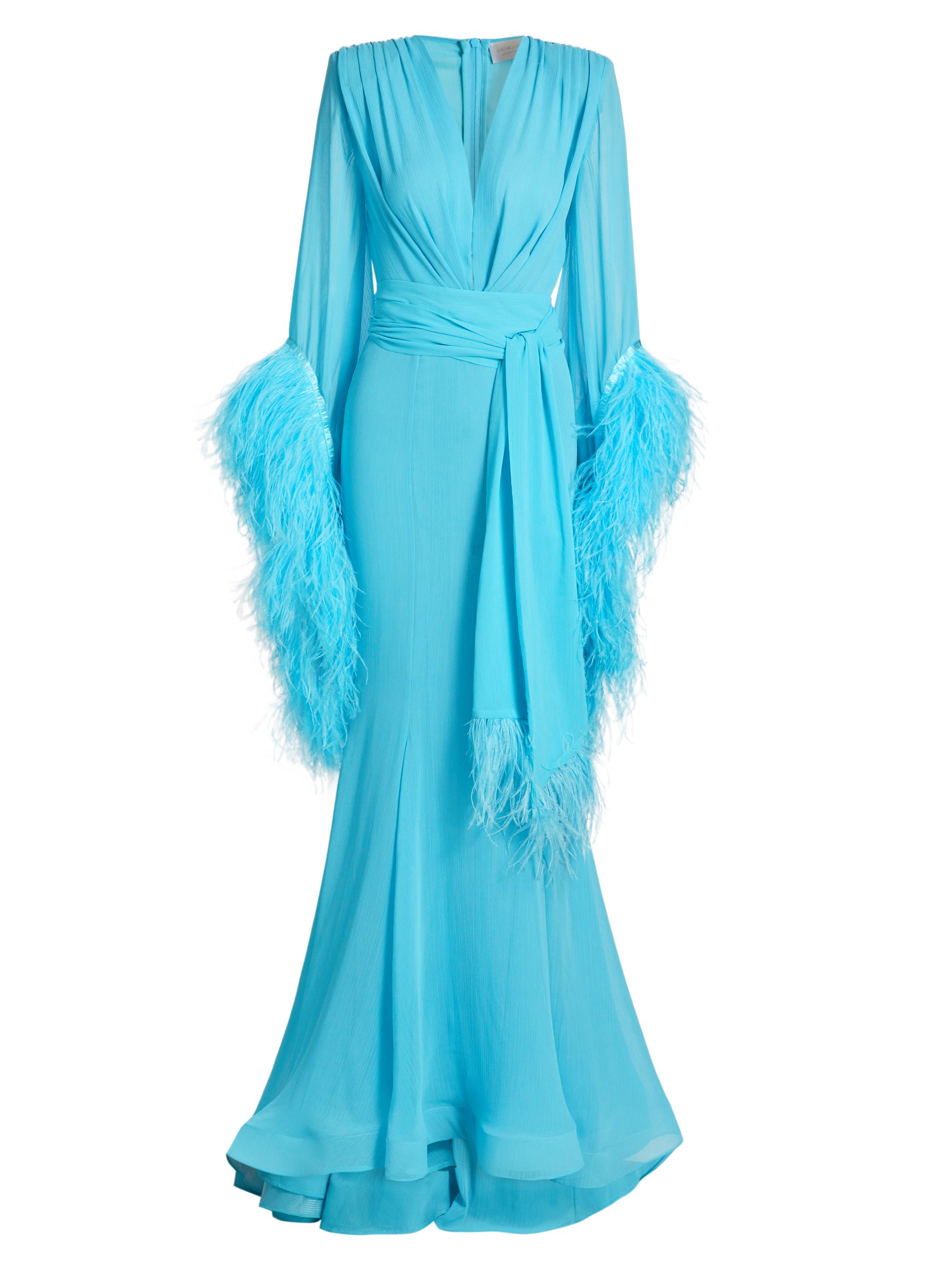 Bronx and Banco Women's Geisha Plunge Feather-Cuff Gown - Teal