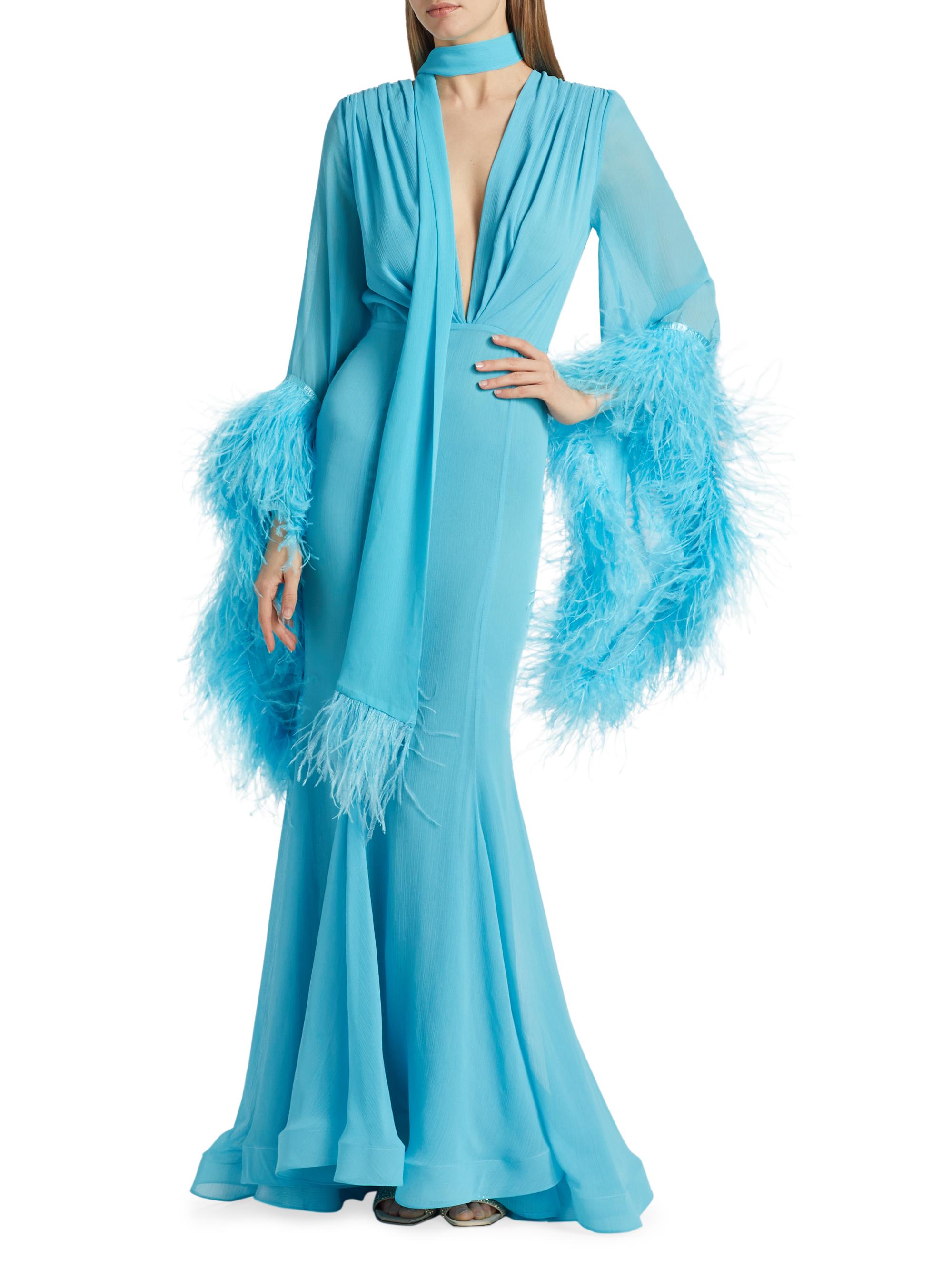 Bronx and Banco Geisha Plunge Feather-Cuff Gown | Saks Fifth Avenue
