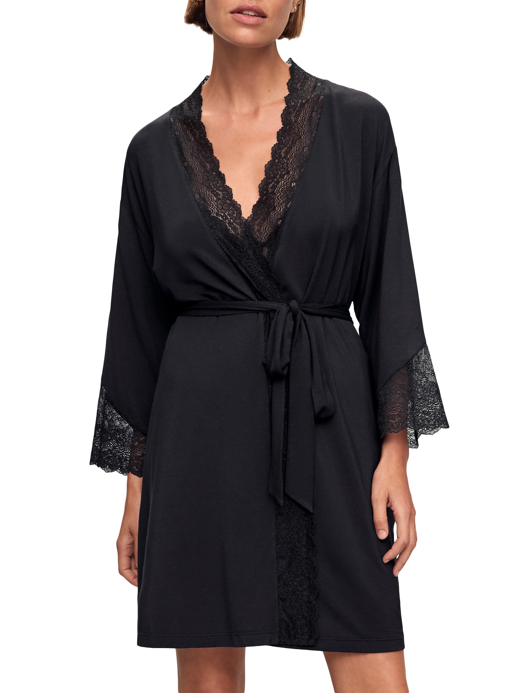 Eberjey Women's Lace-Trimmed Jersey Kimono-Inspired Robe - Black
