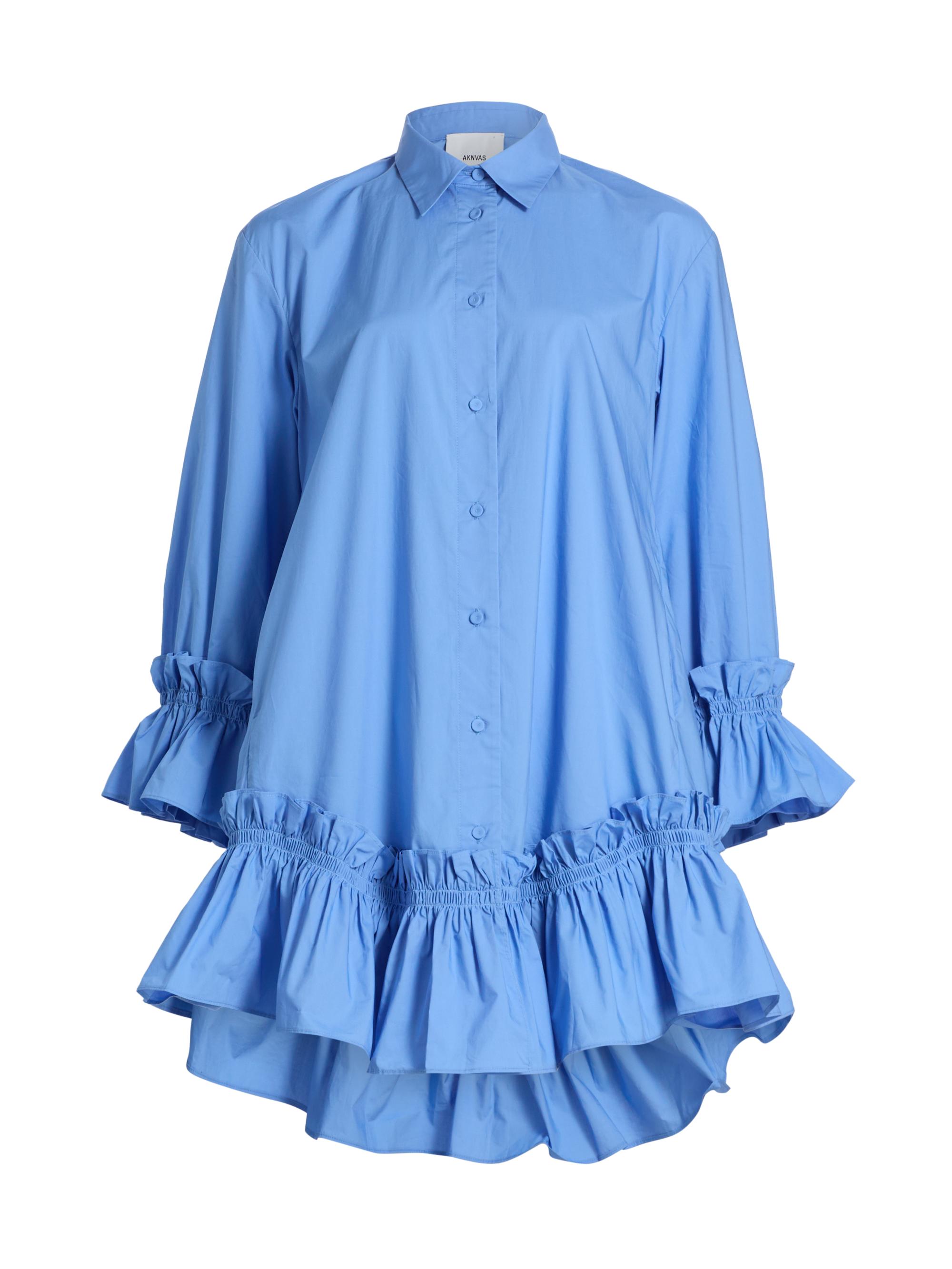 Aknvas Women's Ayla Cotton Ruffled Mini Shirtdress - Baby Blue