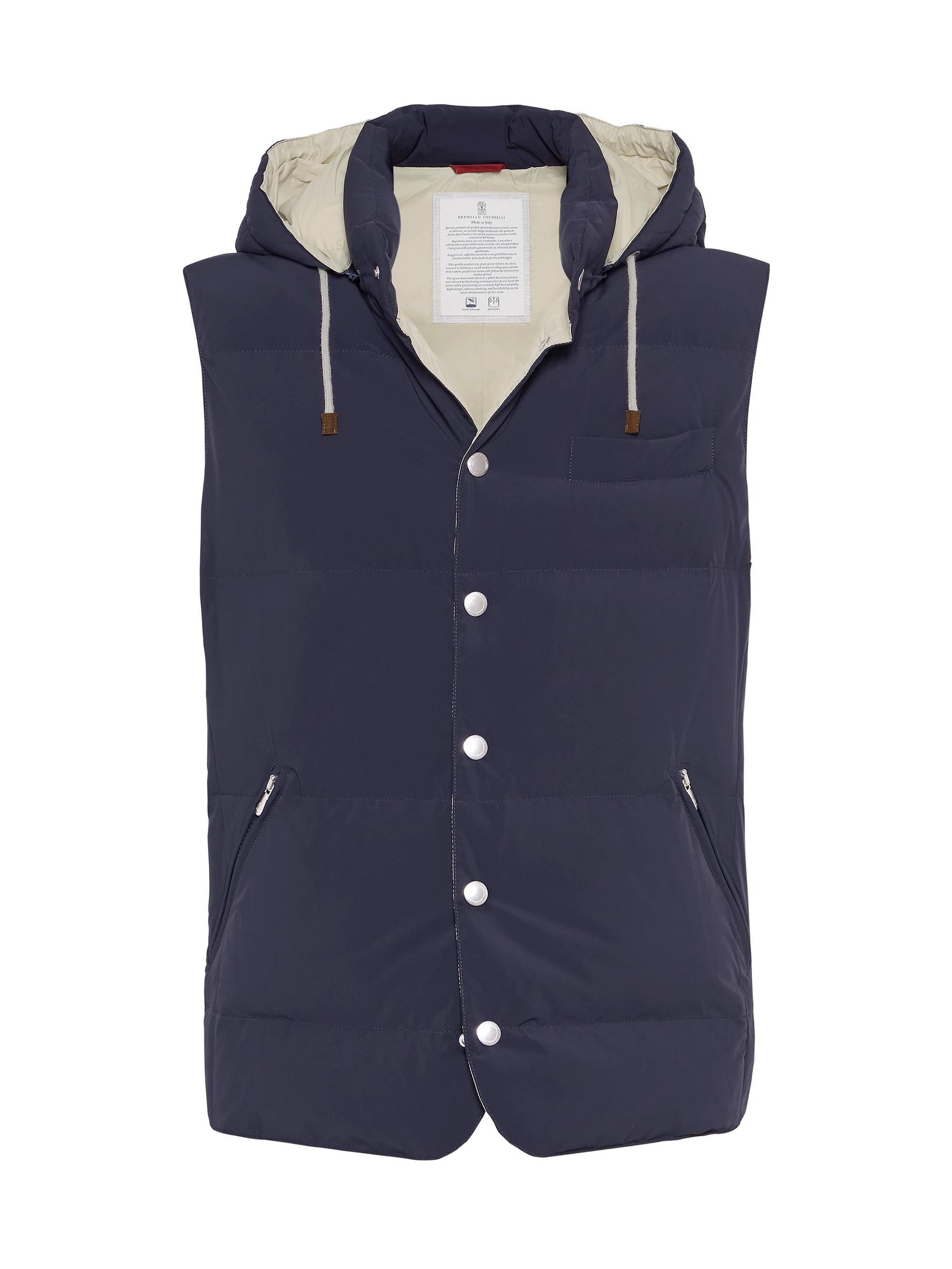 Brunello Cucinelli Men's Bonded Nylon Down Vest with Detachable Hood - Azure