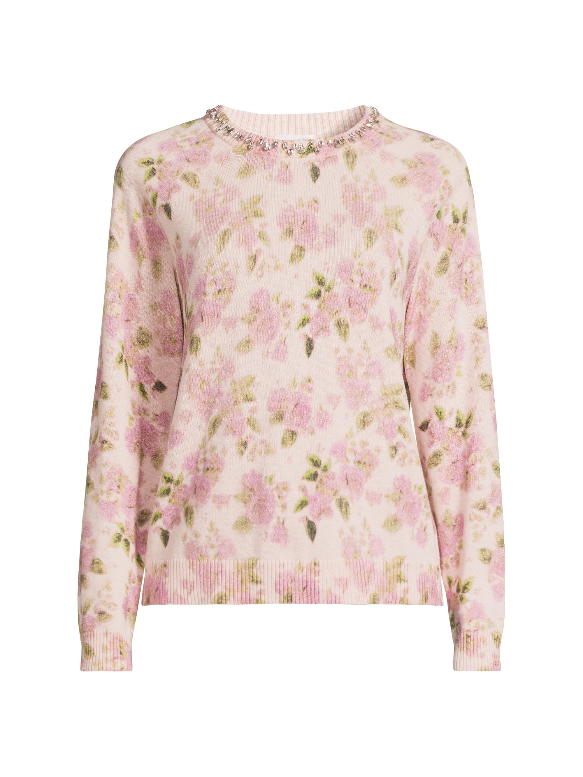 Minnie Rose Women's Embellished Rose-Printed Cotton-Cashmere Sweater - Lotus Multi