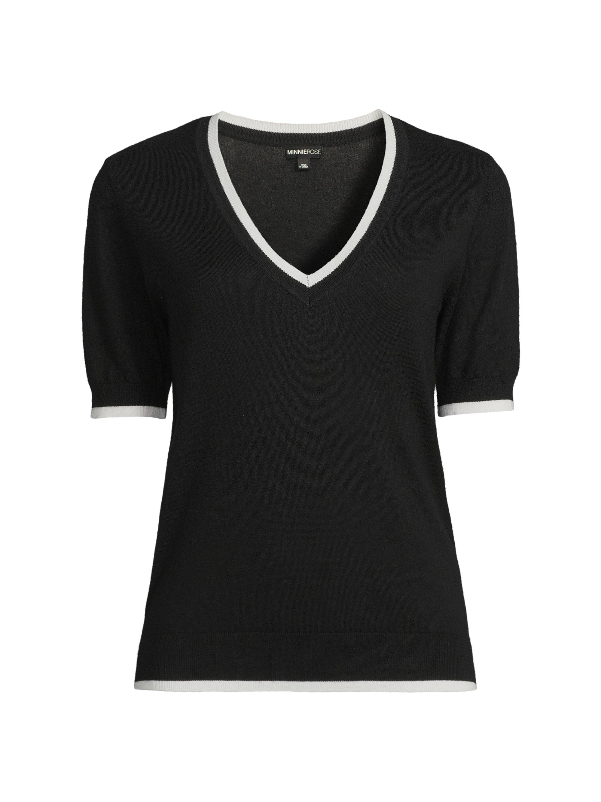 Minnie Rose Women's V-Neck Cotton-Cashmere Sweater - Black White
