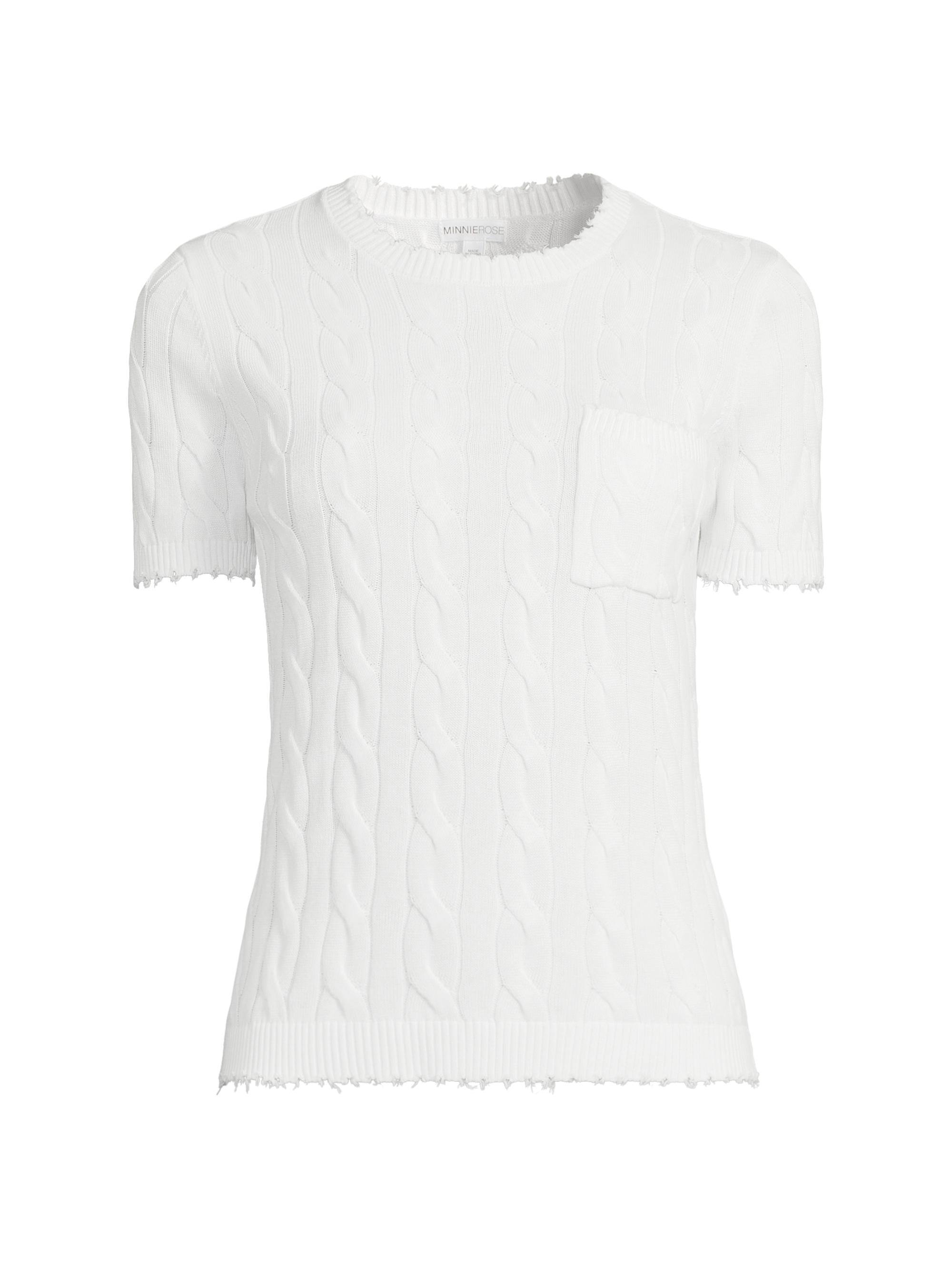 Minnie Rose Women's Frayed Cable-Knit Short-Sleeve Sweater - White