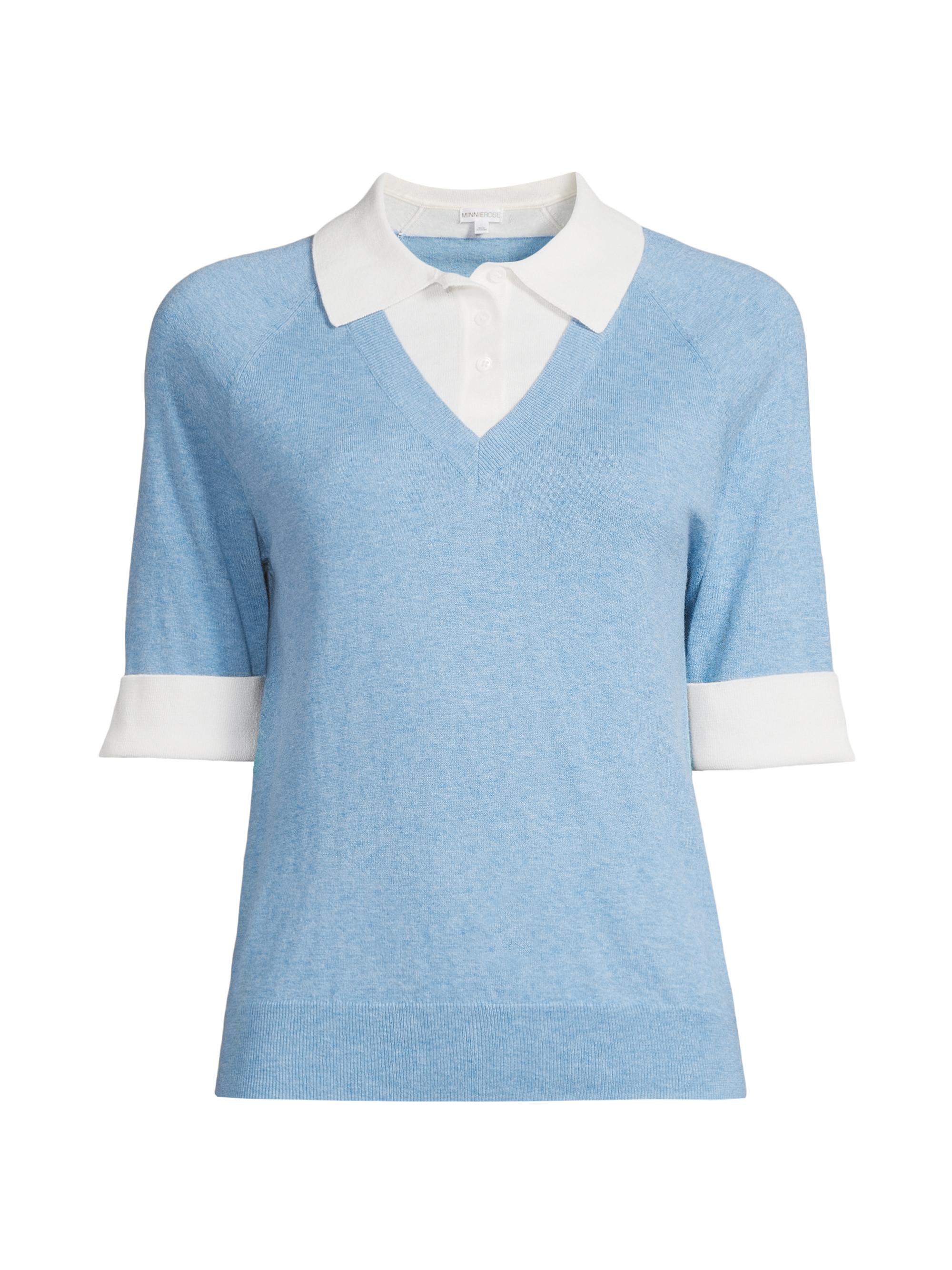 Minnie Rose Women's Cotton-Blend Knit Polo Sweater - Cameo Blue