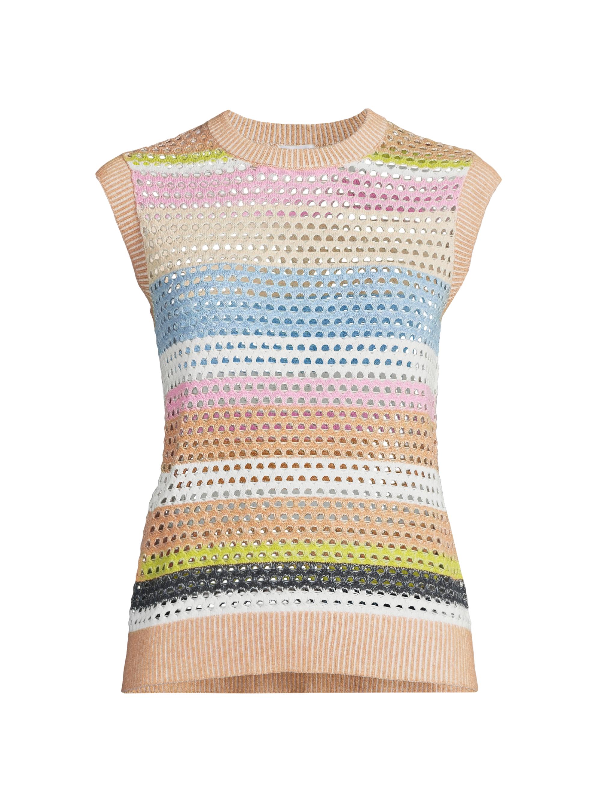 Minnie Rose Women's Striped Open-Knit Cotton-Blend Top - Camel Multi Stripe