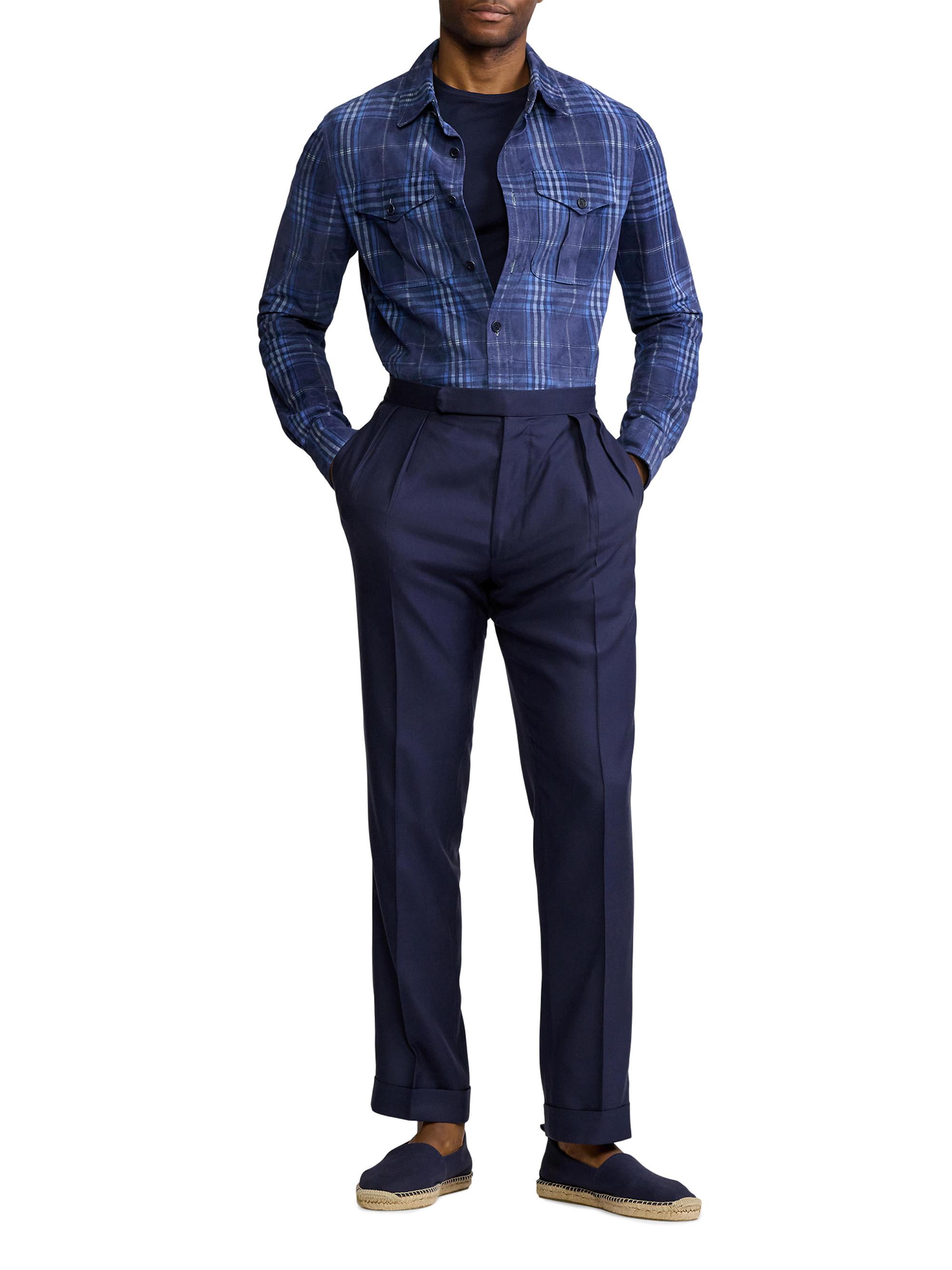 Ralph Lauren Purple Label Men's Plaid-Print Suede Overshirt - Navy Blue Multi