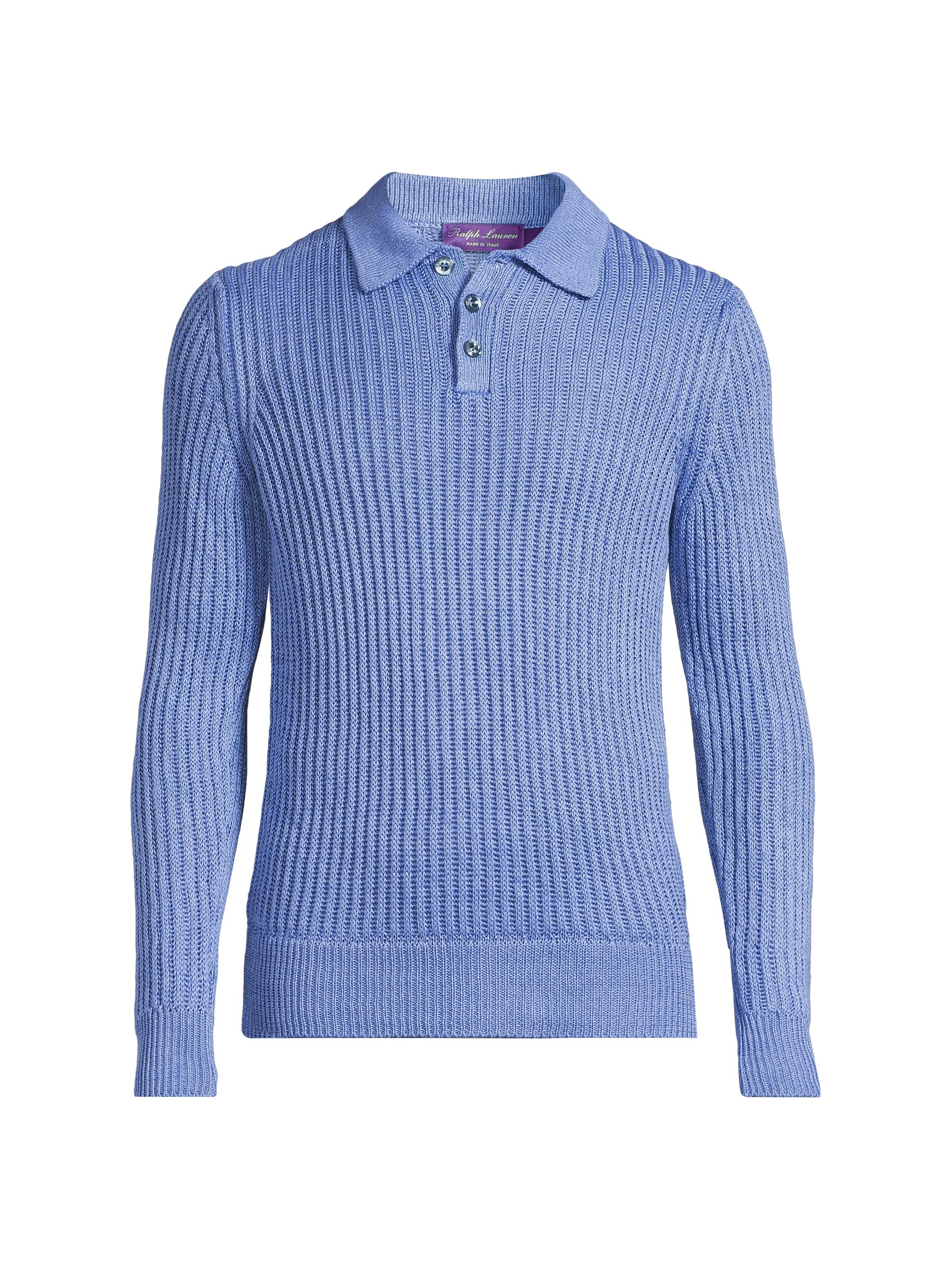 Textured Linen-Silk Polo-Collar Sweater