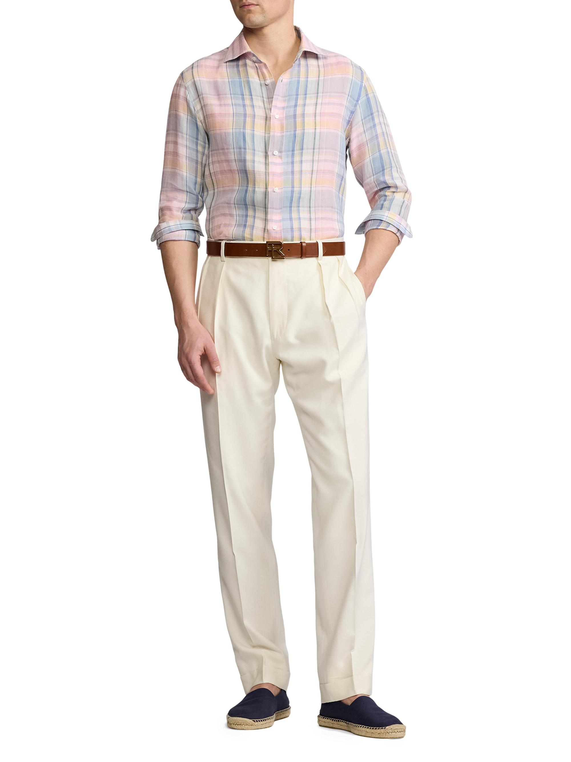 Ralph Lauren Purple Label Men's Plaid Linen Shirt - Pink Multi