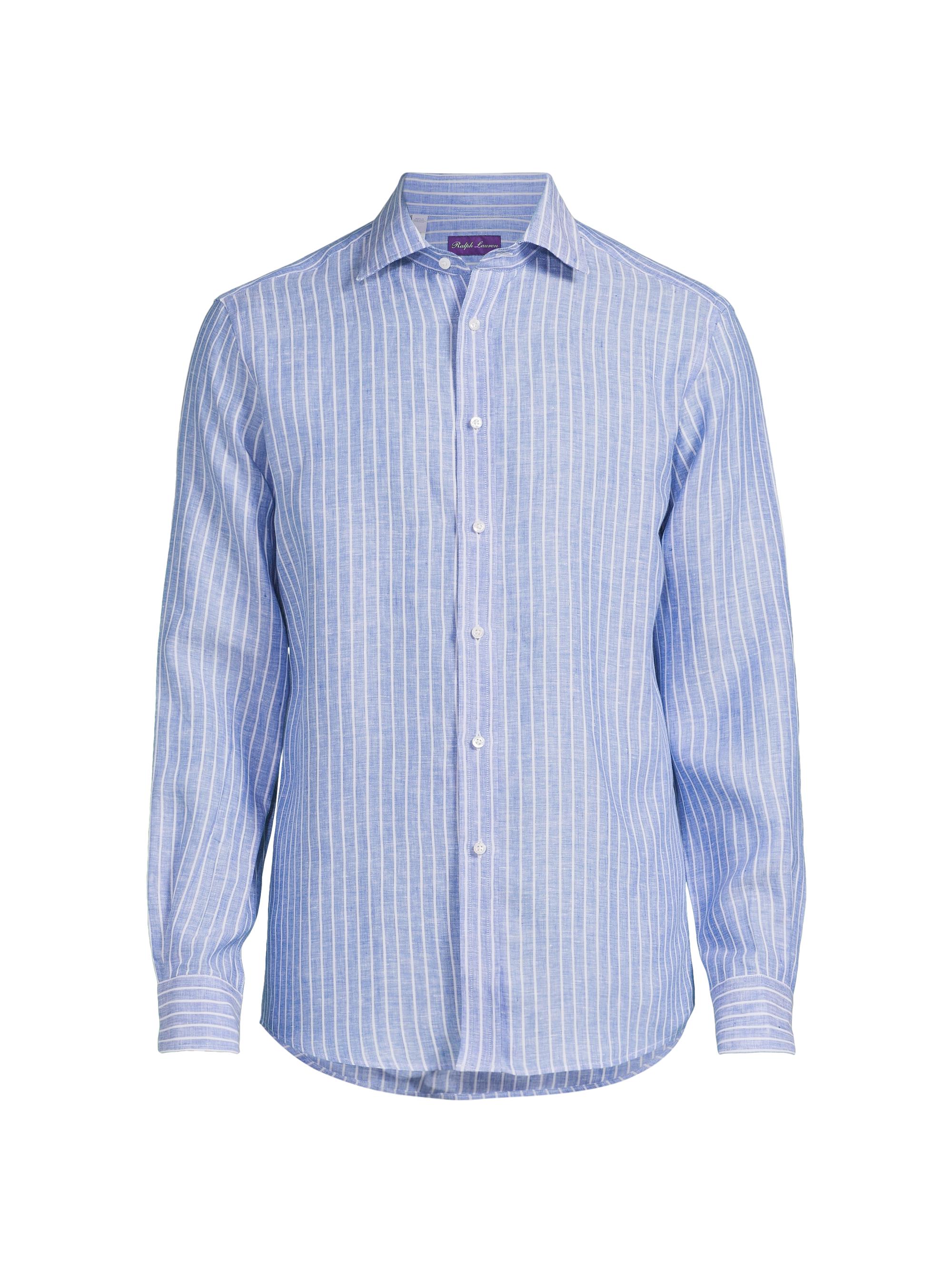 Ralph Lauren Purple Label Men's Striped Linen Shirt - Cornflower Blue White
