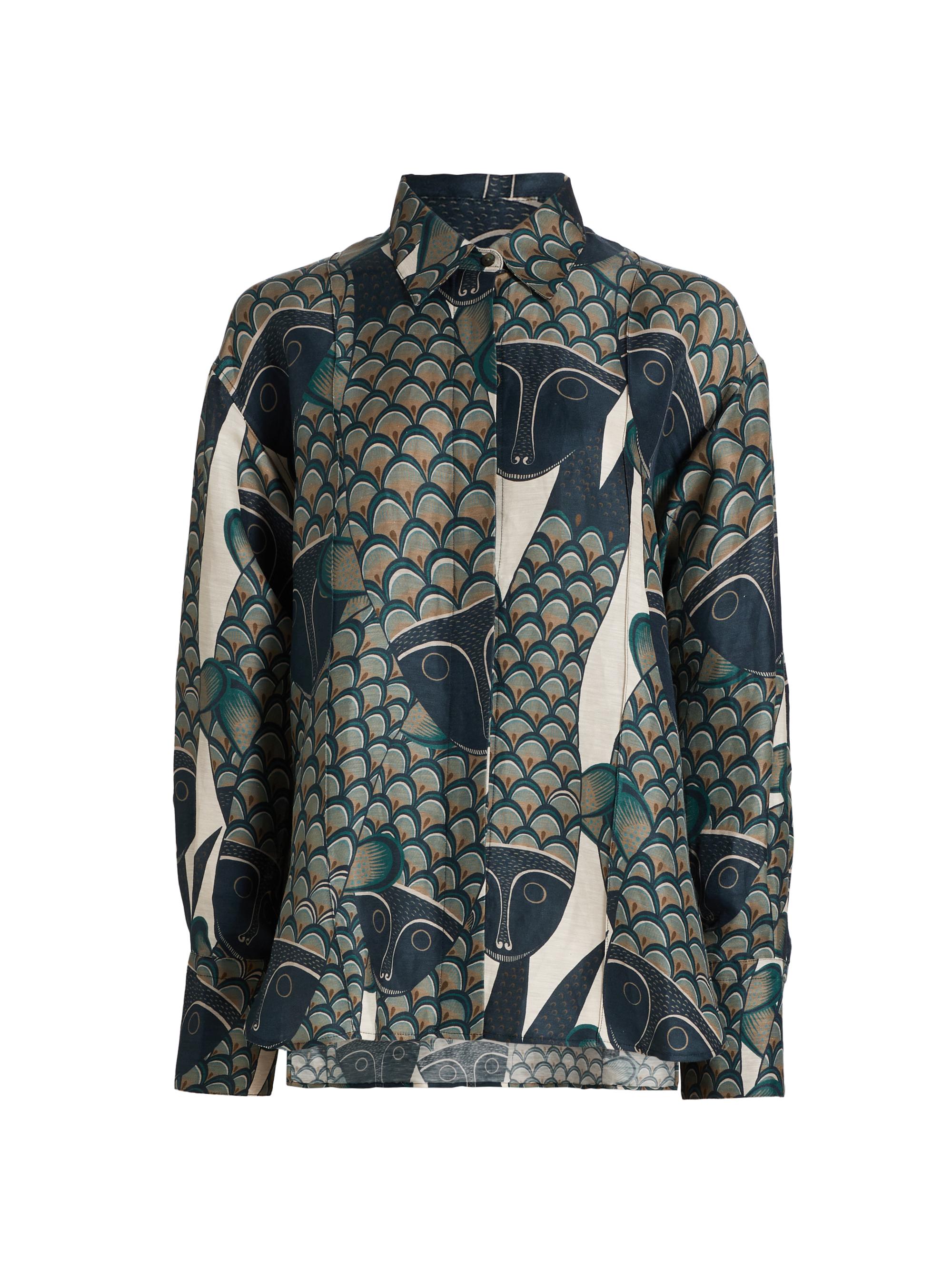 Heirlome Women's A. Santos Printed Silk-Linen Button-Front Shirt -  Blue Green
