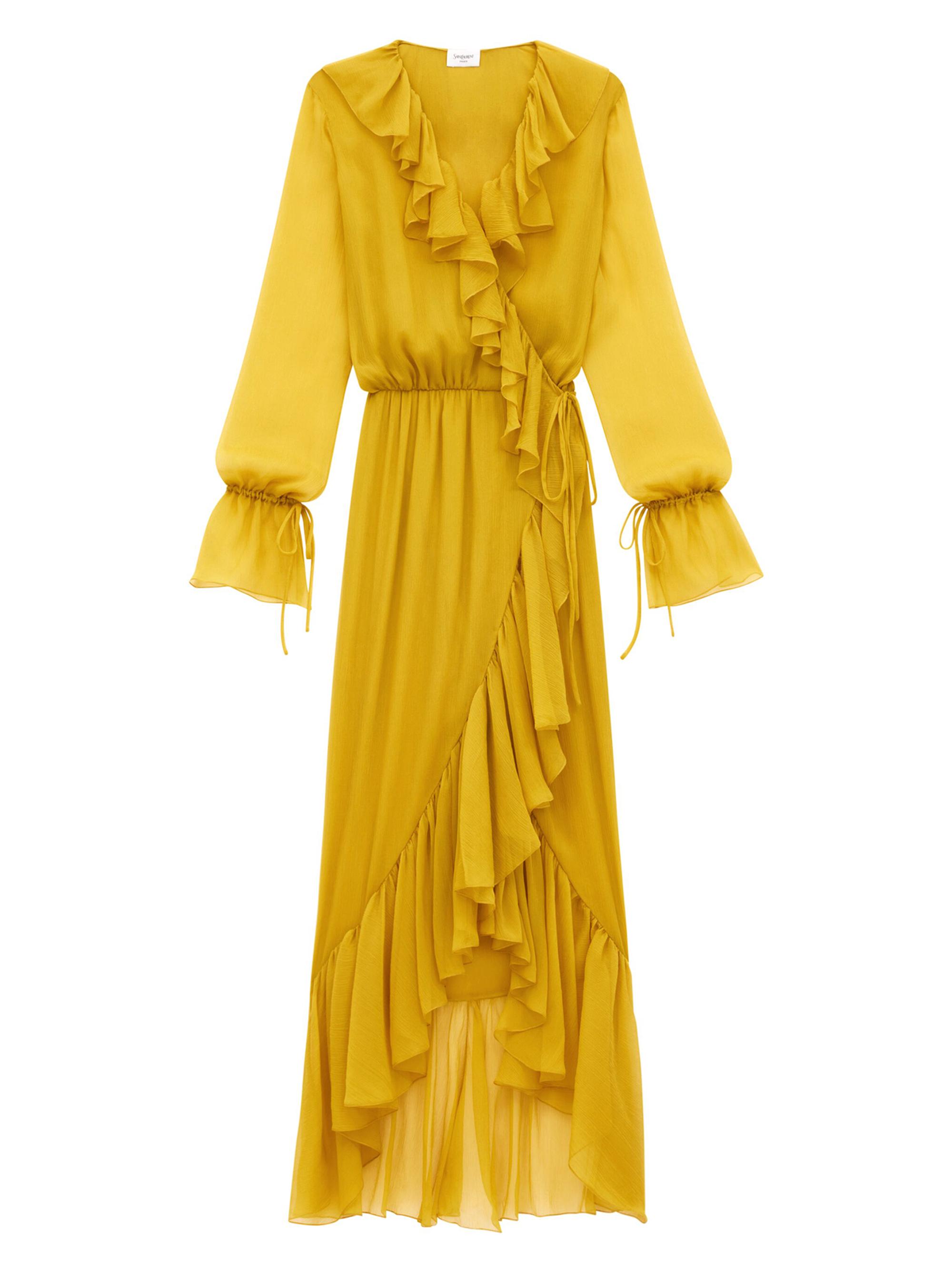 Saint Laurent Women's Ruffled Dress in Silk Crepon Muslin - Jaune