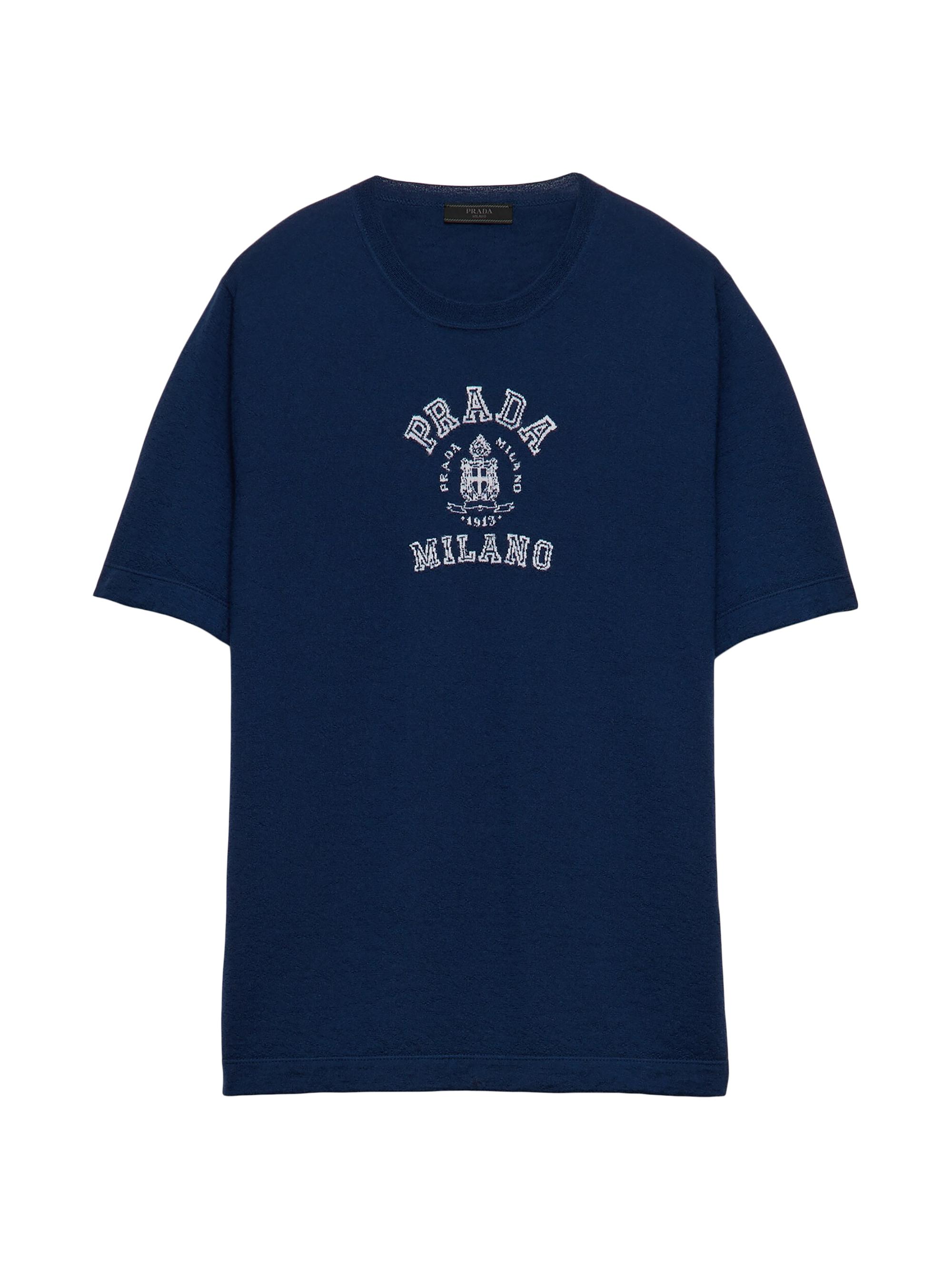 Prada Men's Cashmere T-Shirt with Logo - Blue