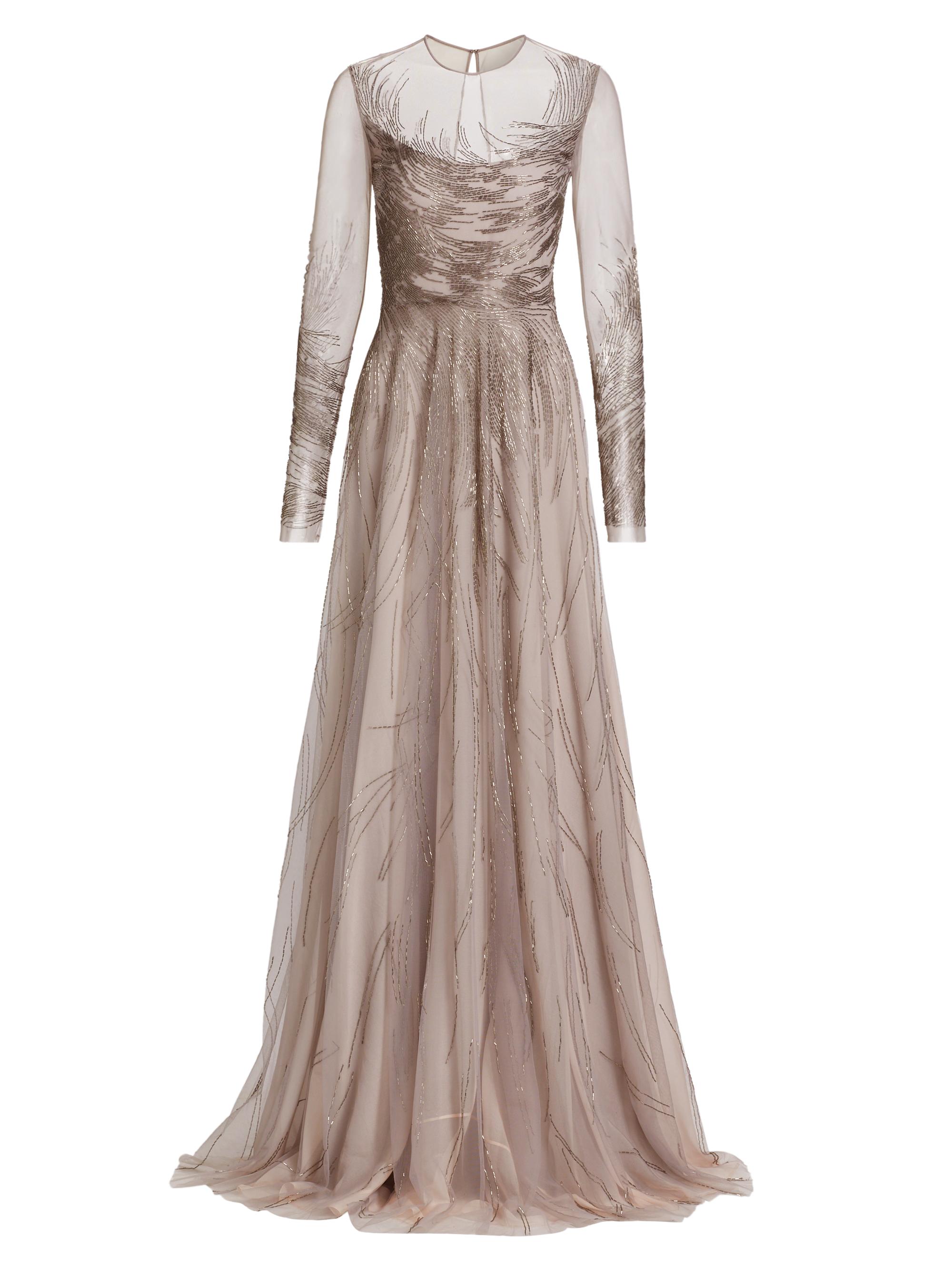 Naeem Khan Women's Abstract Beaded Illusion Long-Sleeve Gown - Pearl Grey
