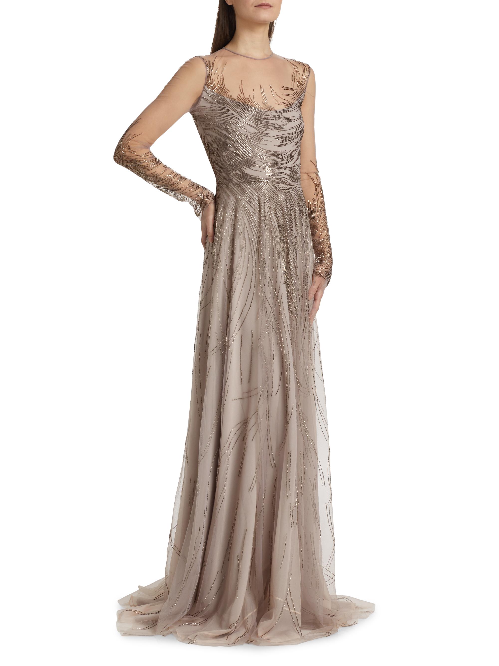 Naeem Khan Abstract Beaded Illusion Long-Sleeve Gown | Saks Fifth Avenue