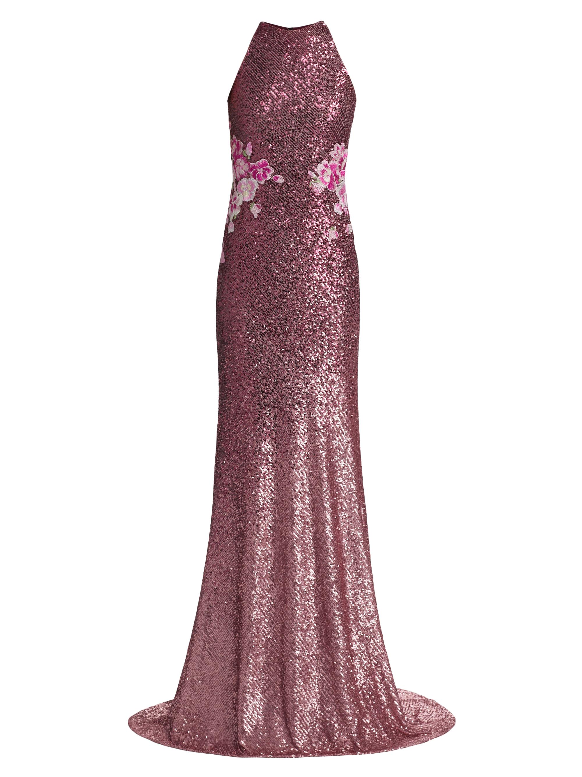 Naeem Khan Women's Sequined Floral Appliqué Halter Gown - Pink