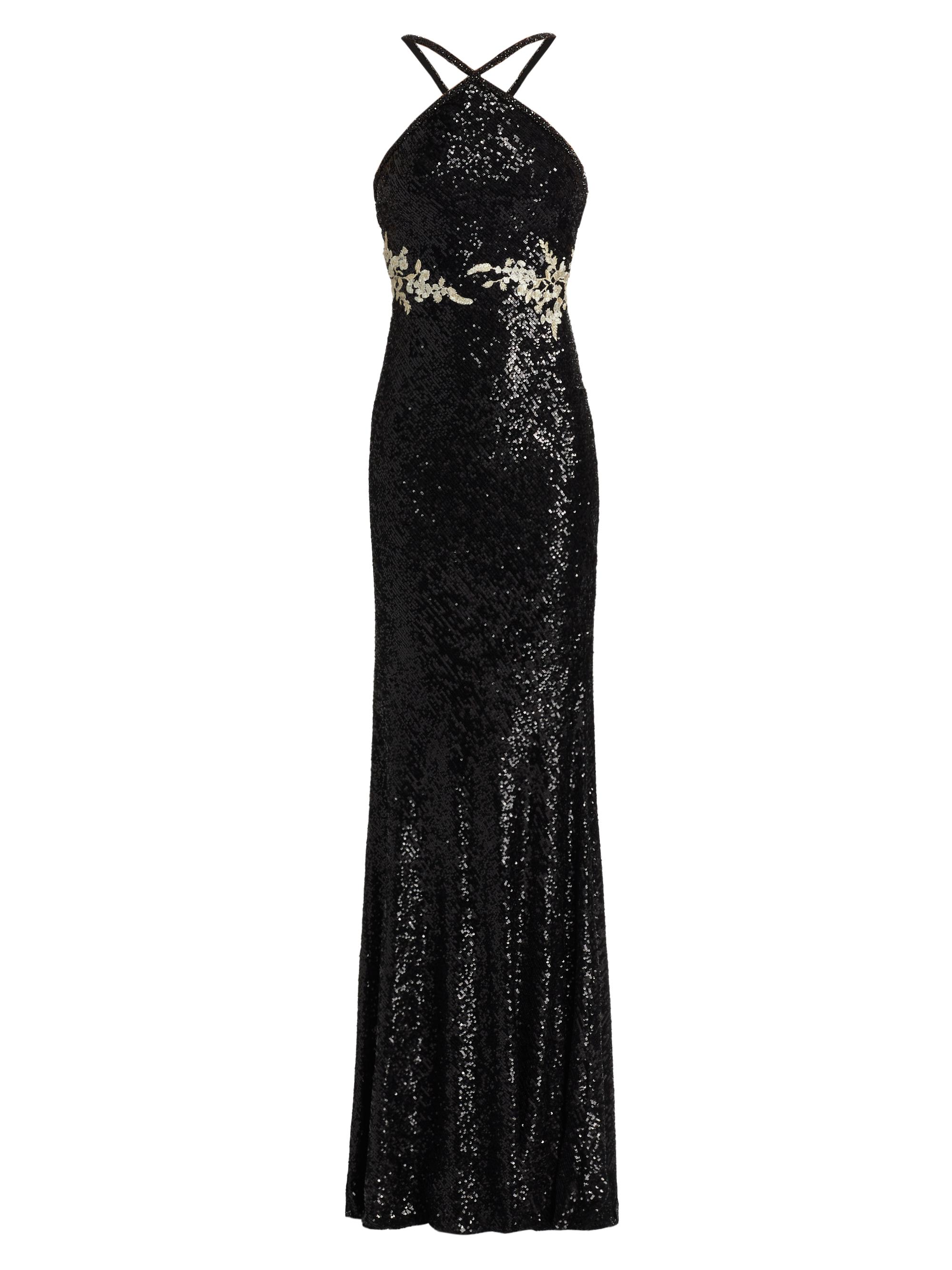 Naeem Khan Women's Sequined Floral Appliqué Halter Gown - Black White