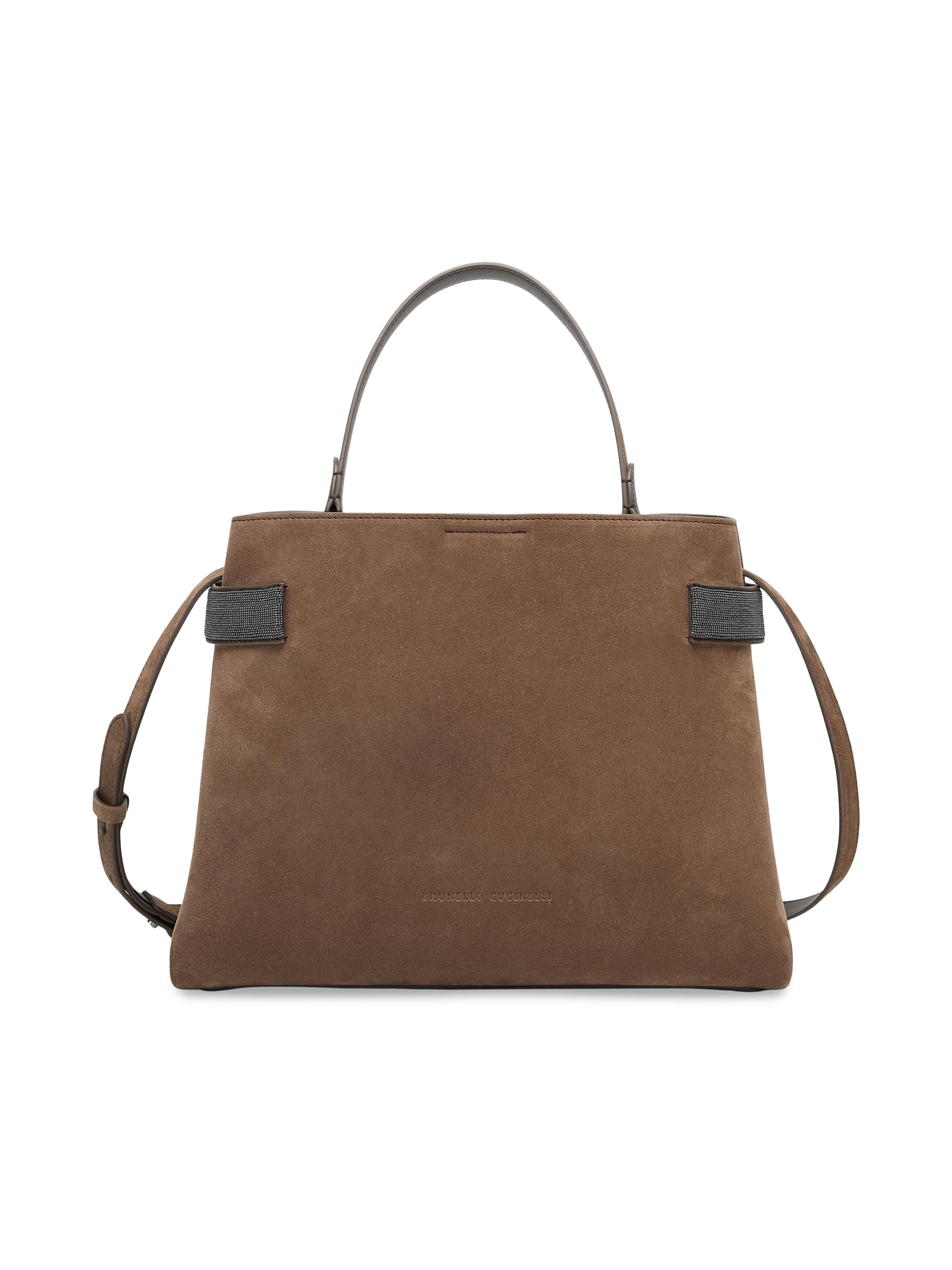 Brunello Cucinelli Women's Essence Top Handle Bag in Suede with Precious Bands - Light Grey