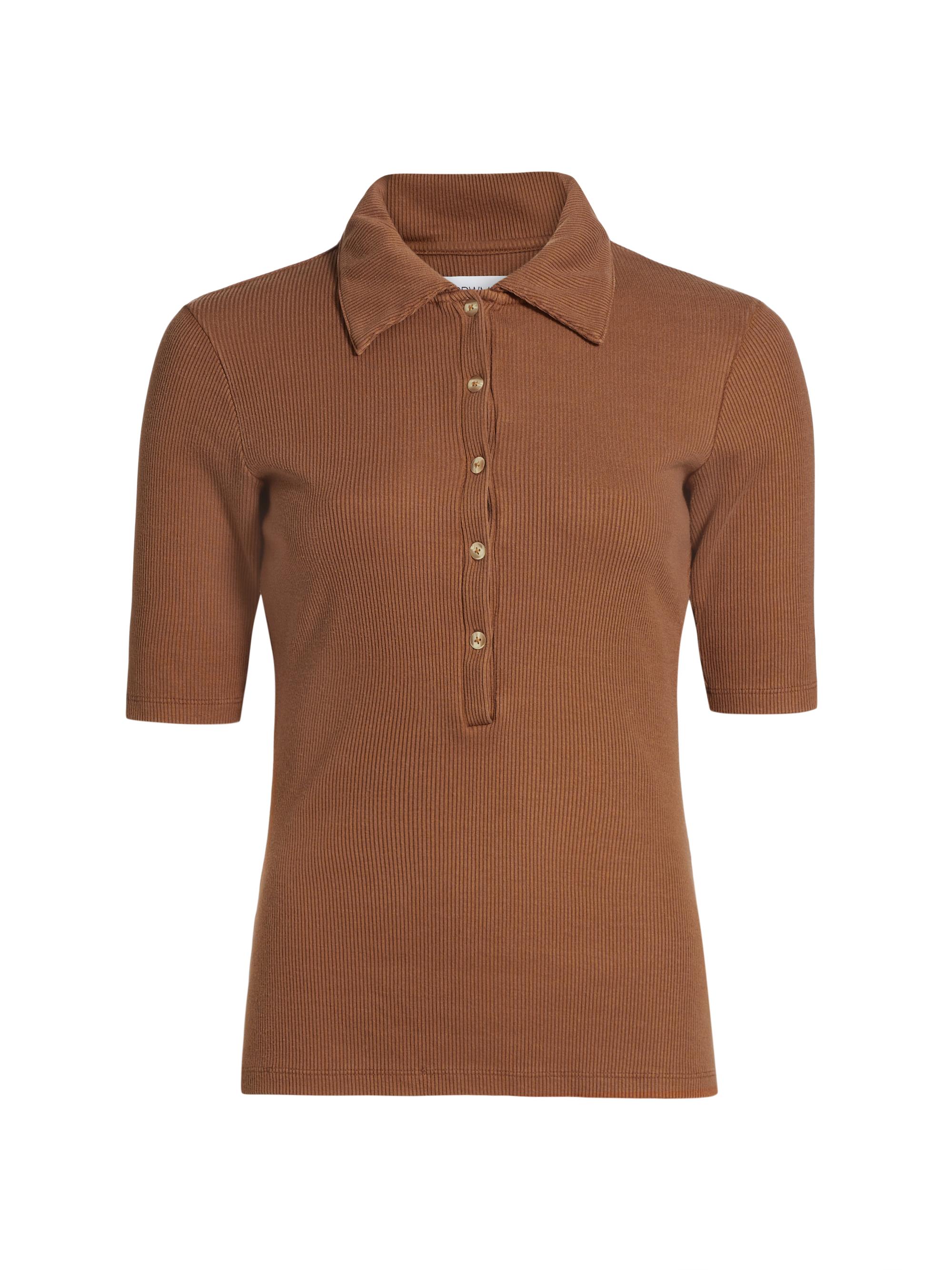 SPRWMN Women's Rib-Knit Stretch Fitted Polo Top - Chestnut