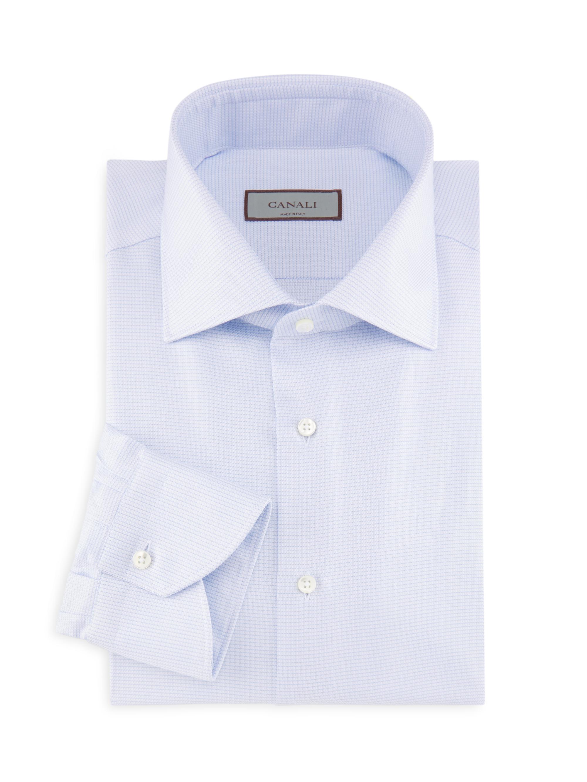 Canali Men's Micro Houndstooth Cotton Dress Shirt - Light Blue