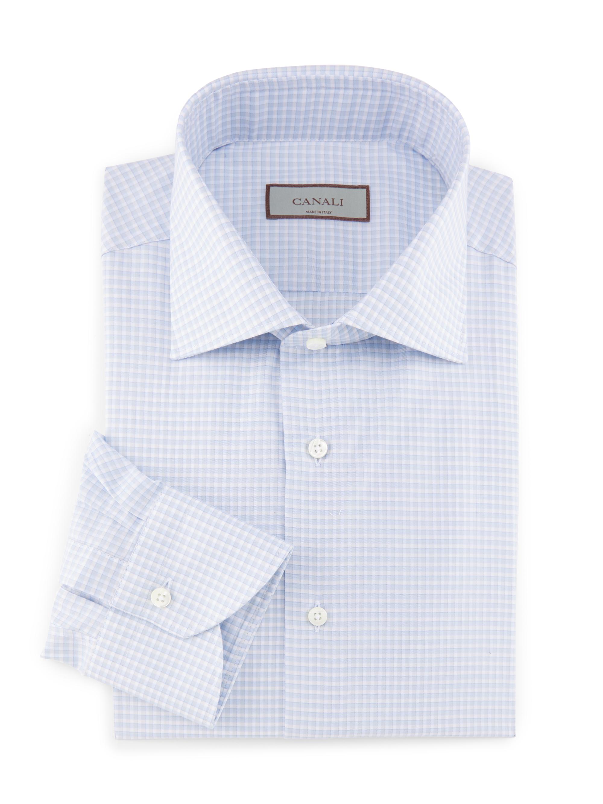 Canali Men's Checked Cotton Dress Shirt - Light Blue