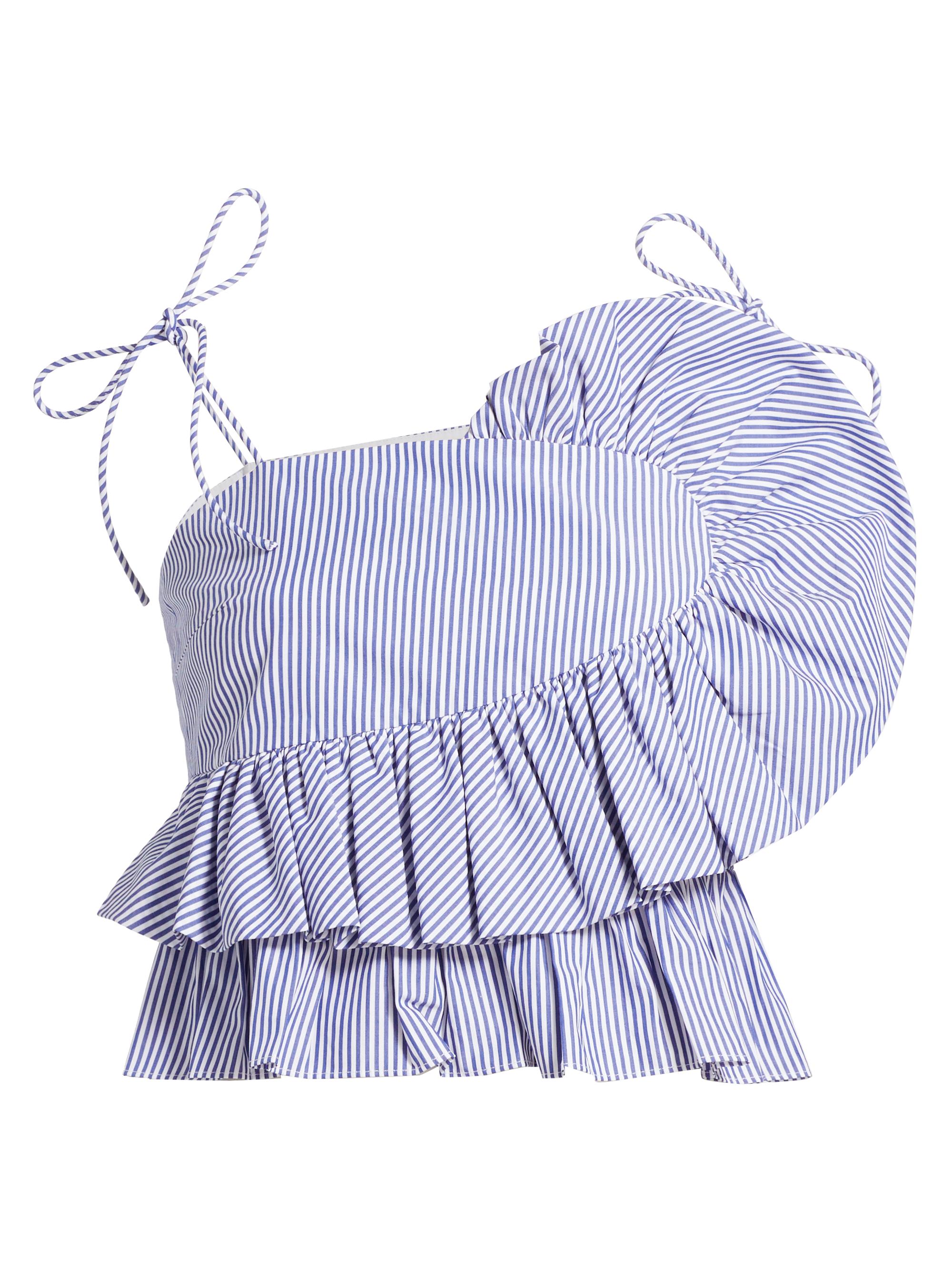 Tanya Taylor Women's Claudette Striped Ruffled Crop Top - Blue Optic White