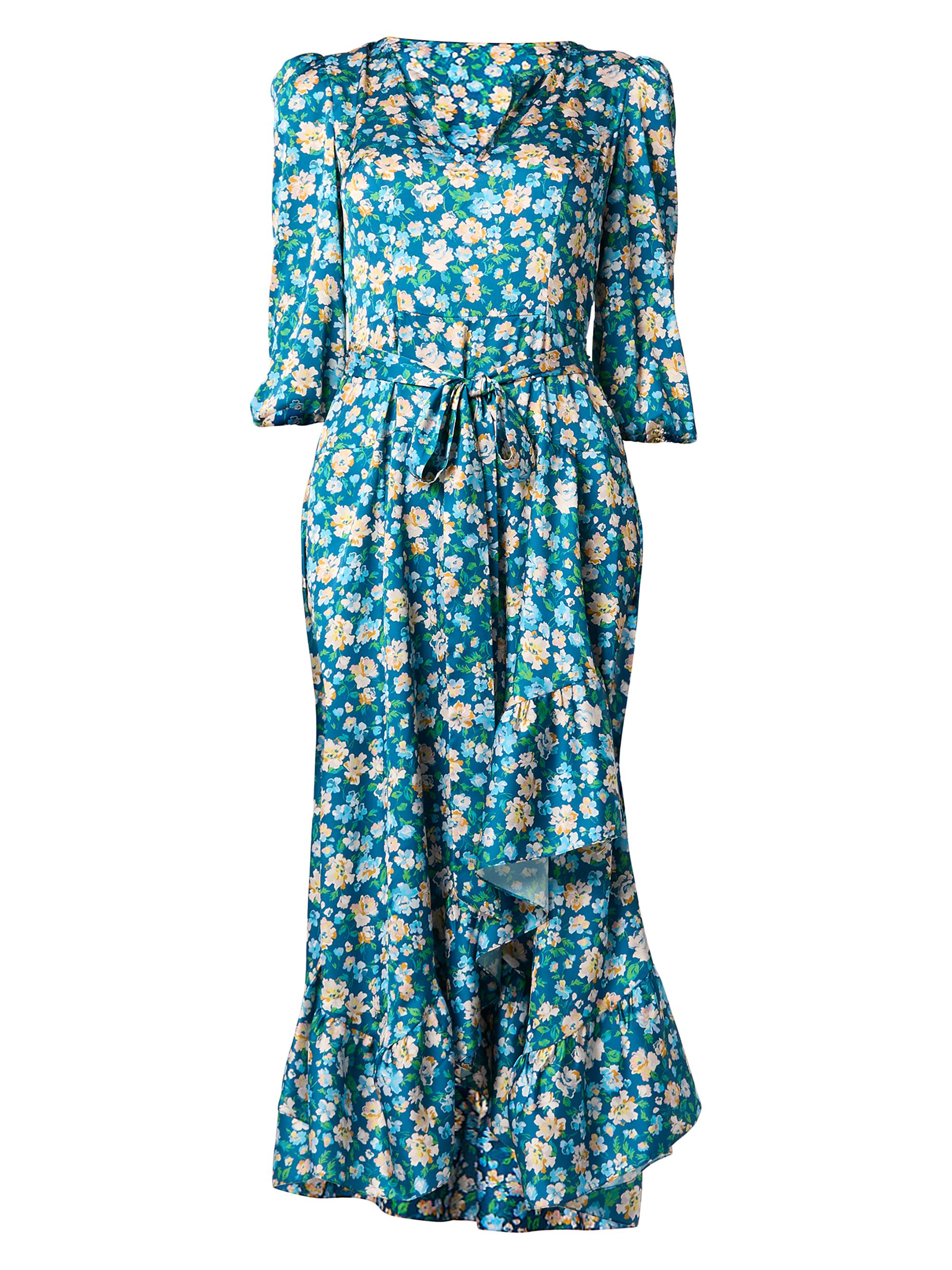 Shoshanna Women's Lia Floral Ruffled Tie-Waist Midi-Dress - Indigo Multi