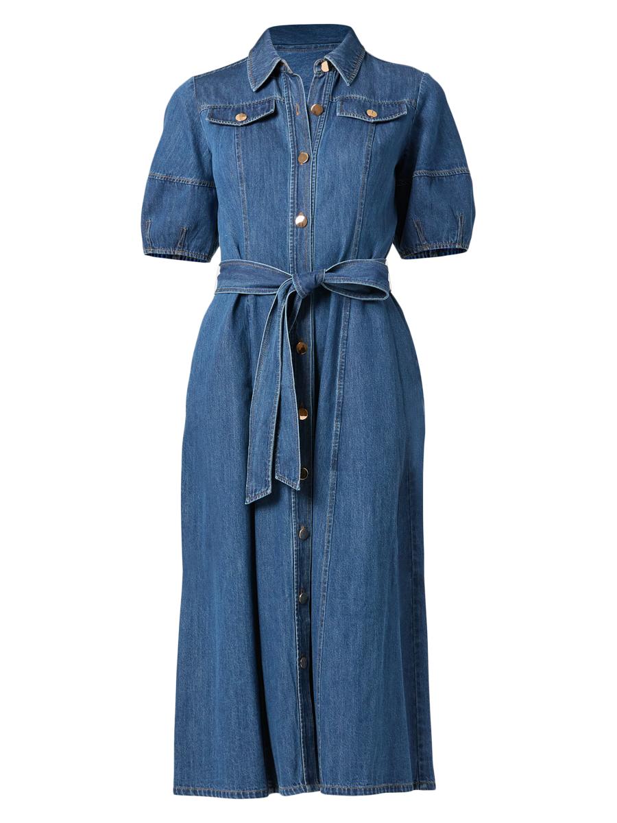 Shoshanna Mara Puff-Sleeve Denim Midi-Shirtdress | Saks Fifth Avenue