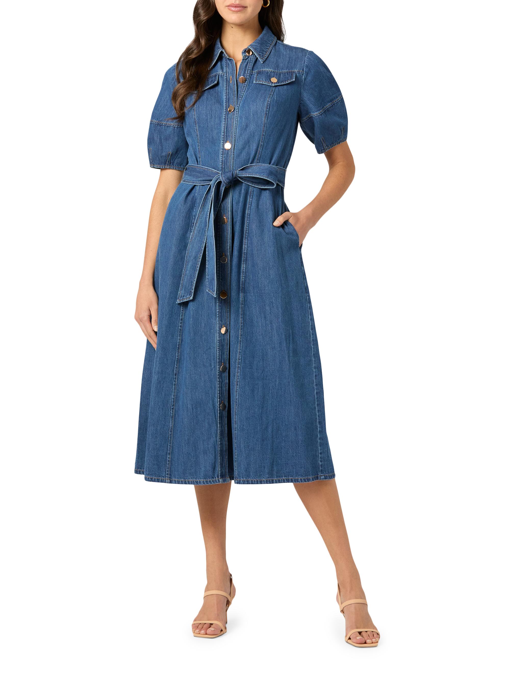 Shoshanna Mara Puff-Sleeve Denim Midi-Shirtdress | Saks Fifth Avenue