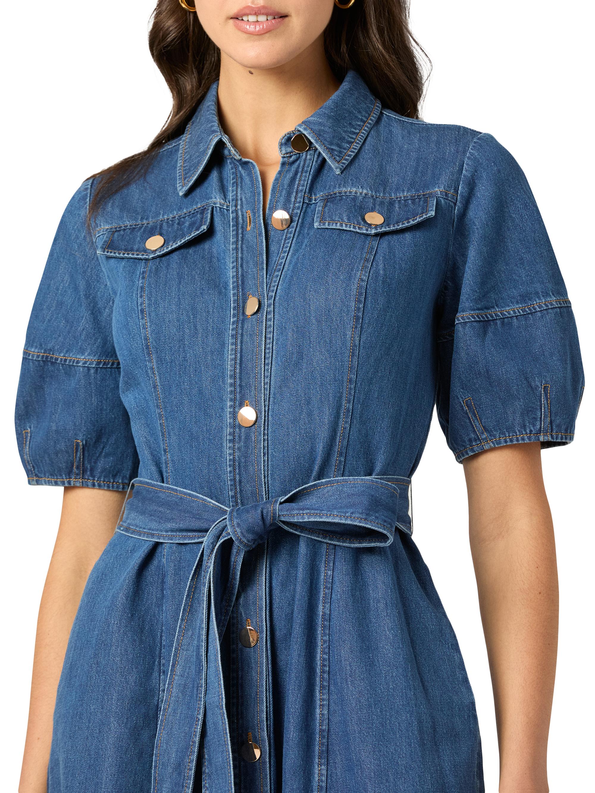 Shoshanna Mara Puff-Sleeve Denim Midi-Shirtdress | Saks Fifth Avenue