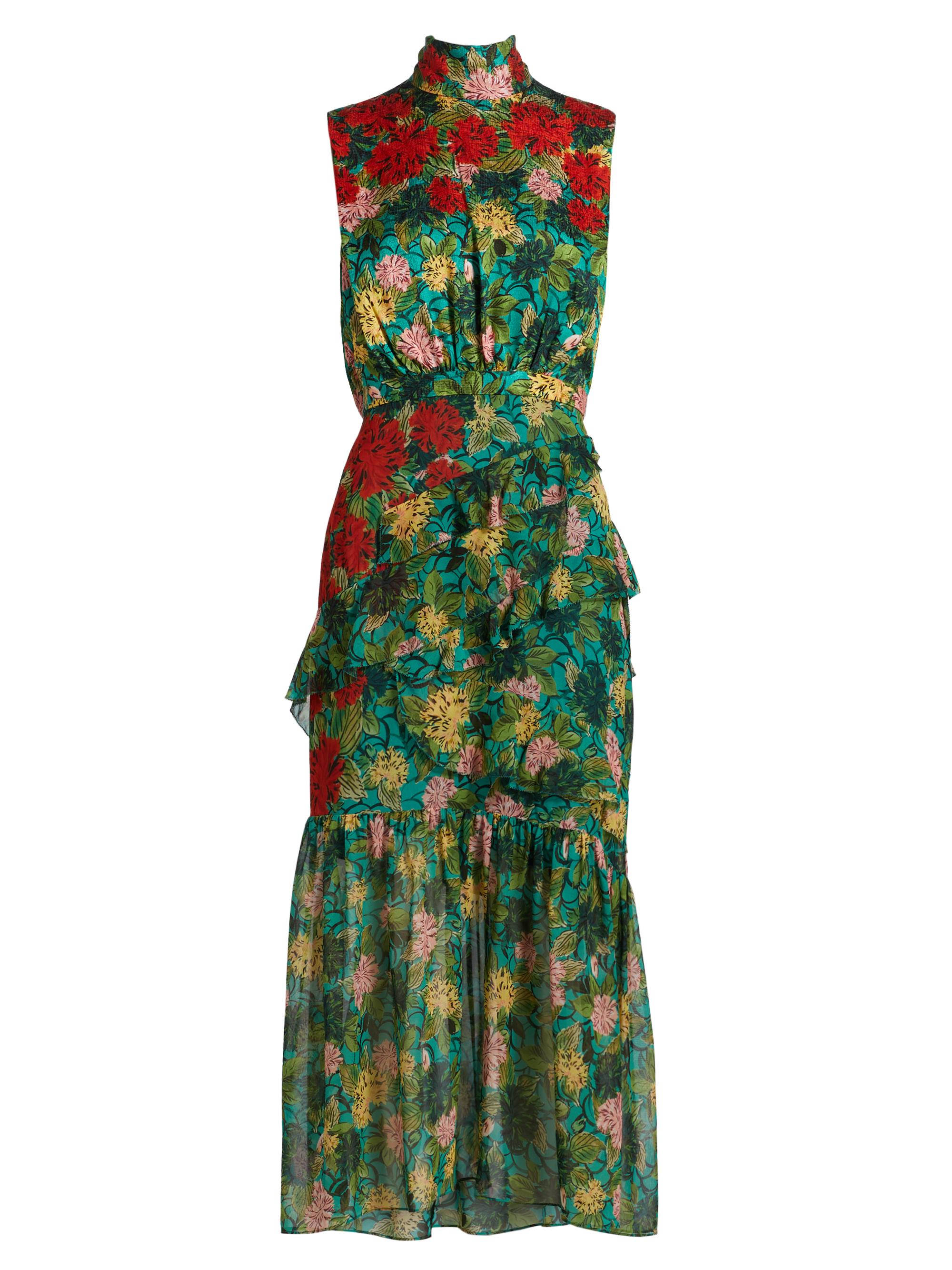 Saloni Women's Fleur Ruffle Floral Silk Midi-Dress - Lantana Bloom Print